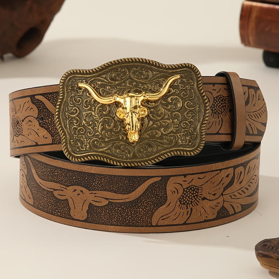 TEMU Western Vintage Buckle, Irregular Pattern Engraved Floral Longhorn Men's Belt - Brown Country Style, Pairs With Jeans, Street Casual Accessory,