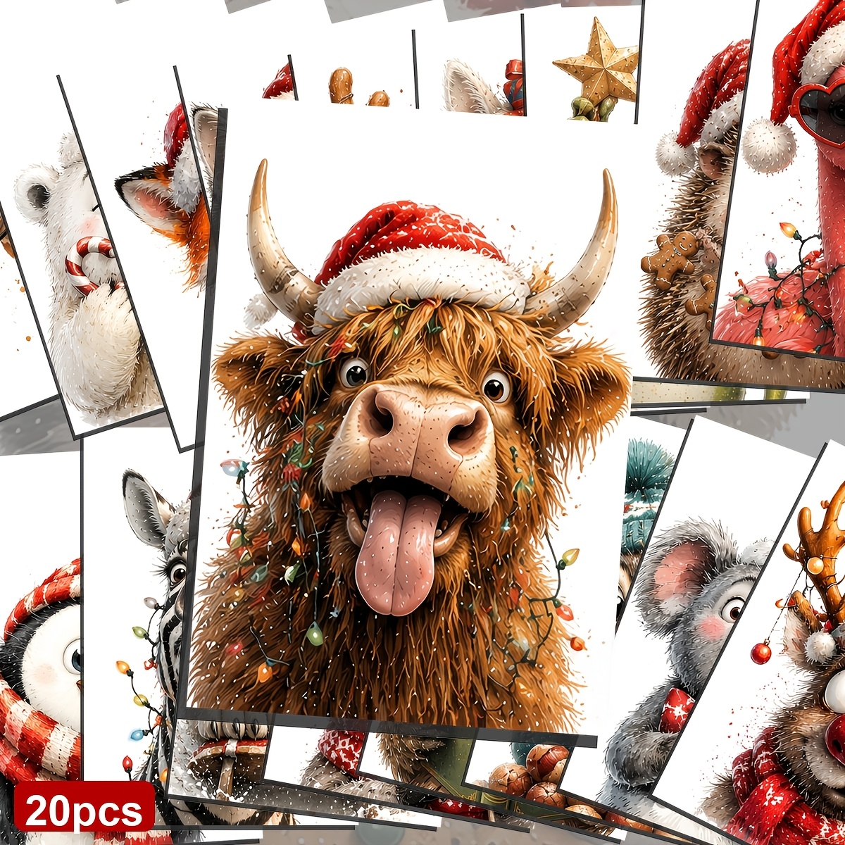TEMU 20 Christmas Postcards - 3.94 X 5.71 Inches, Fun And Cute Paper, Illustrations, And Humorous Animal-themed Decorative Art Cards, Suitable For