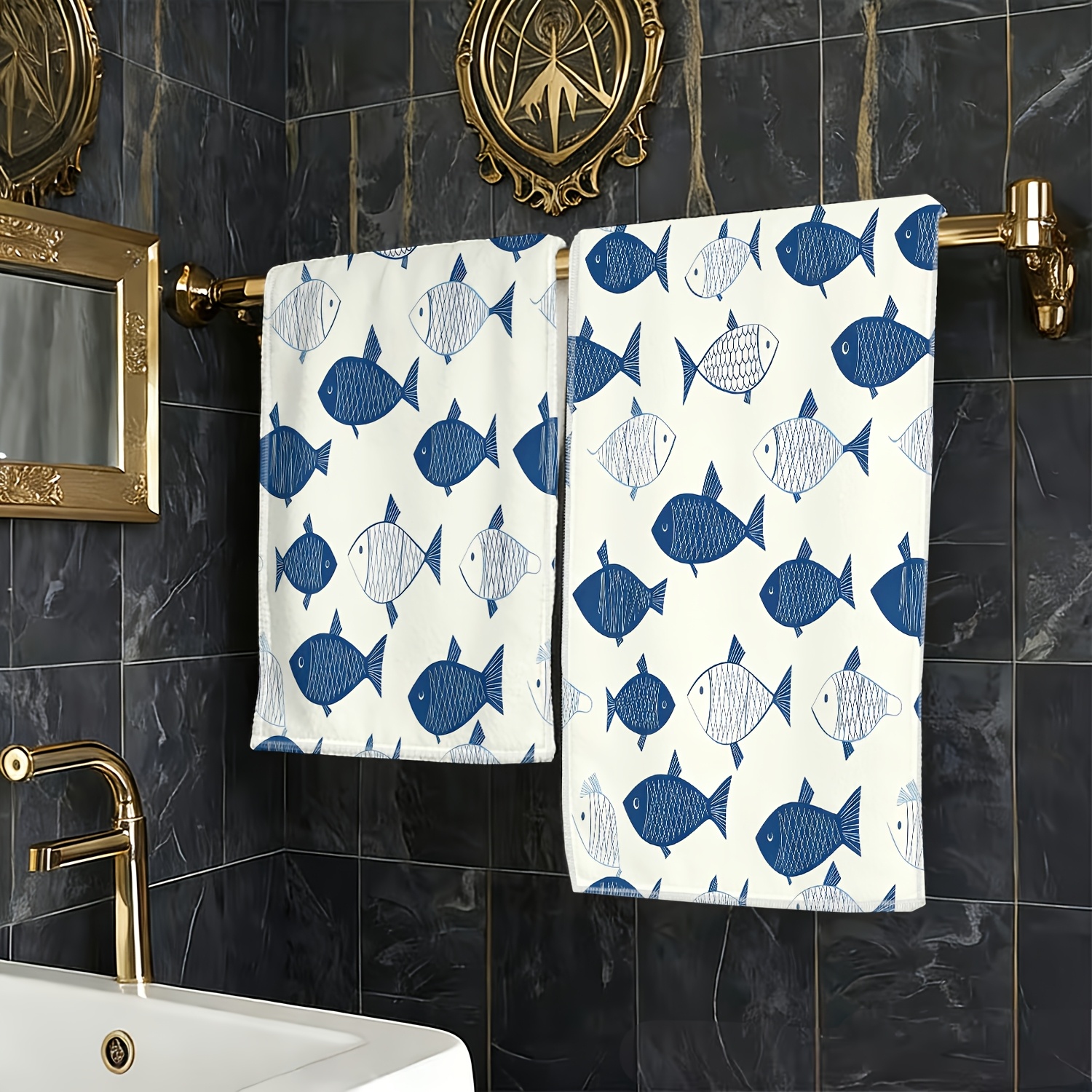 TEMU 1pc Of Fish Pattern Background Printed Towel, Soft And Comfortable, Suitable For Daily Face Washing, Washing, Washing Dishes, Mopping, Glass,