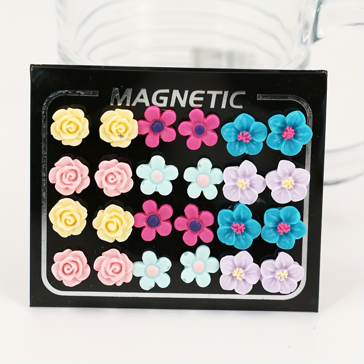 

12 Pairs Resin Flower Magnetic Earrings Set - Cute No Piercing Studs, Assorted Styles For Daily Wear