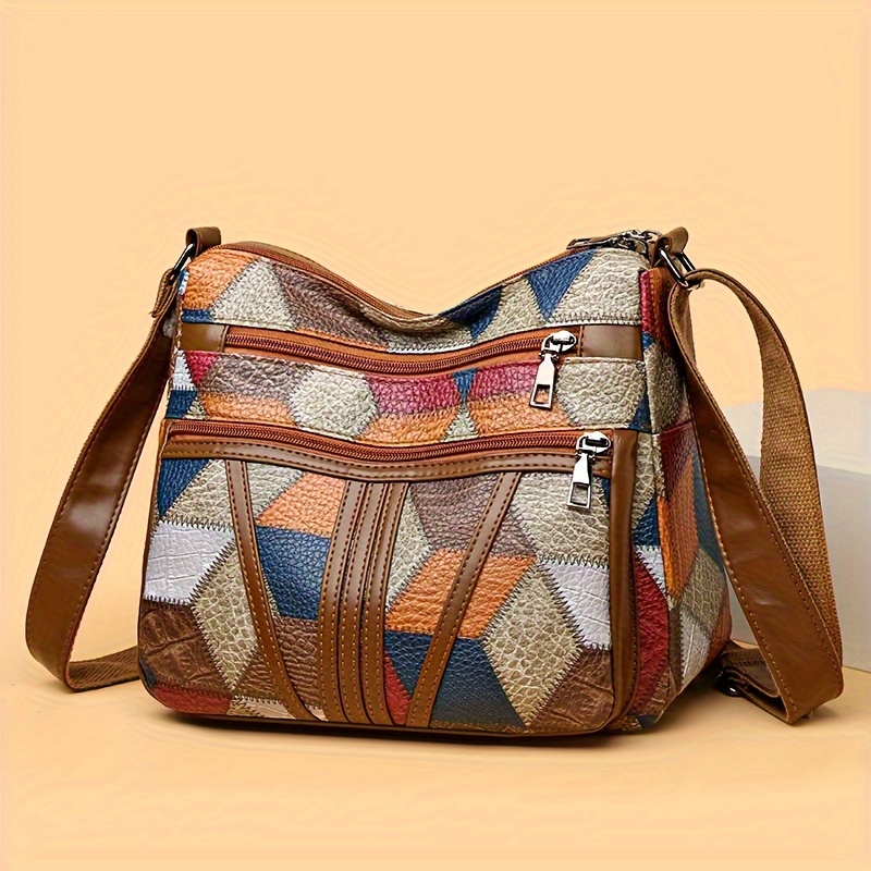 TEMU Geometric Crossbody Bag, Vintage Style, Color Block Pattern, Multi-layer Shoulder Bag For Daily Use