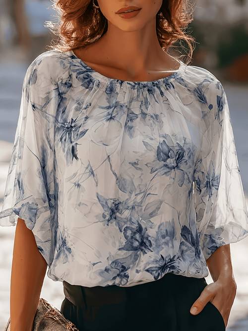 the chiffon blouse features light and three quarter sleeves that are flattering with a misty print that exudes an ethereal charm spring and summer commutes or dates it effortlessly embodies gentleness when