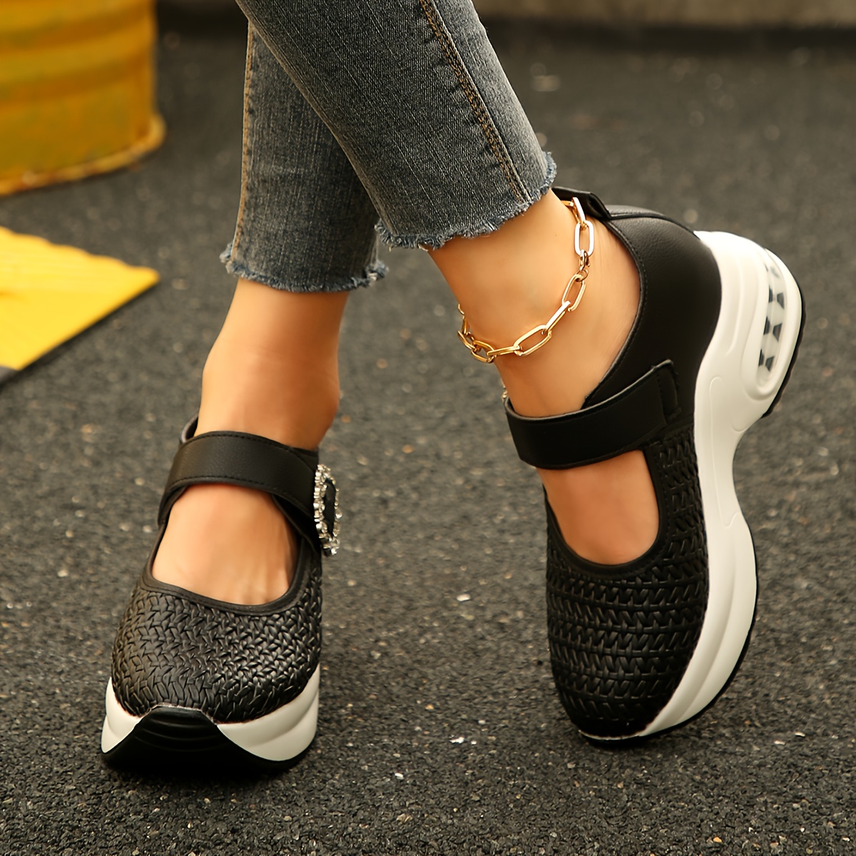 Women's Rhinestone-Adorned Platform Wedge Sneakers - White Faux Cover Slip-Resistant Thick Sole, Comfortable Height-Increasing Shoes with Sparkling Buckle Closure for Petite Women, Casual & Semi-Formal Outfits (Summer), Summer Footwear, Trendy Footwear, Quality Finish, Fashion Lovers