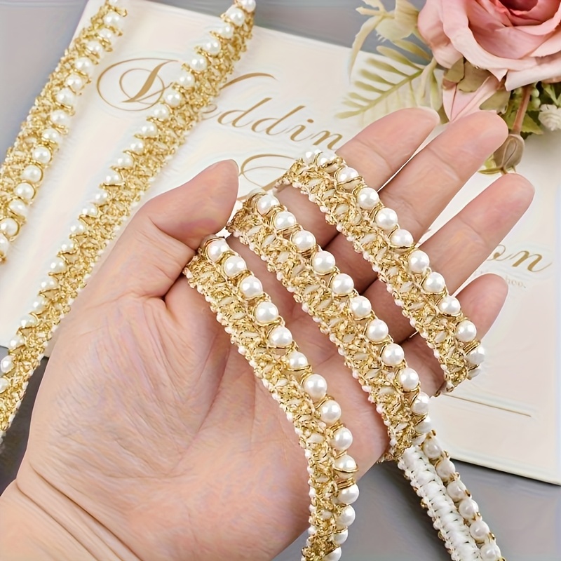 TEMU 1 Yard/3 Yards de Ruban de Dentelle Dorée avec Perles, Comprenant des Perles Blanches Denses et des Fils Dorés - Idéal pour les Loisirs Créatifs