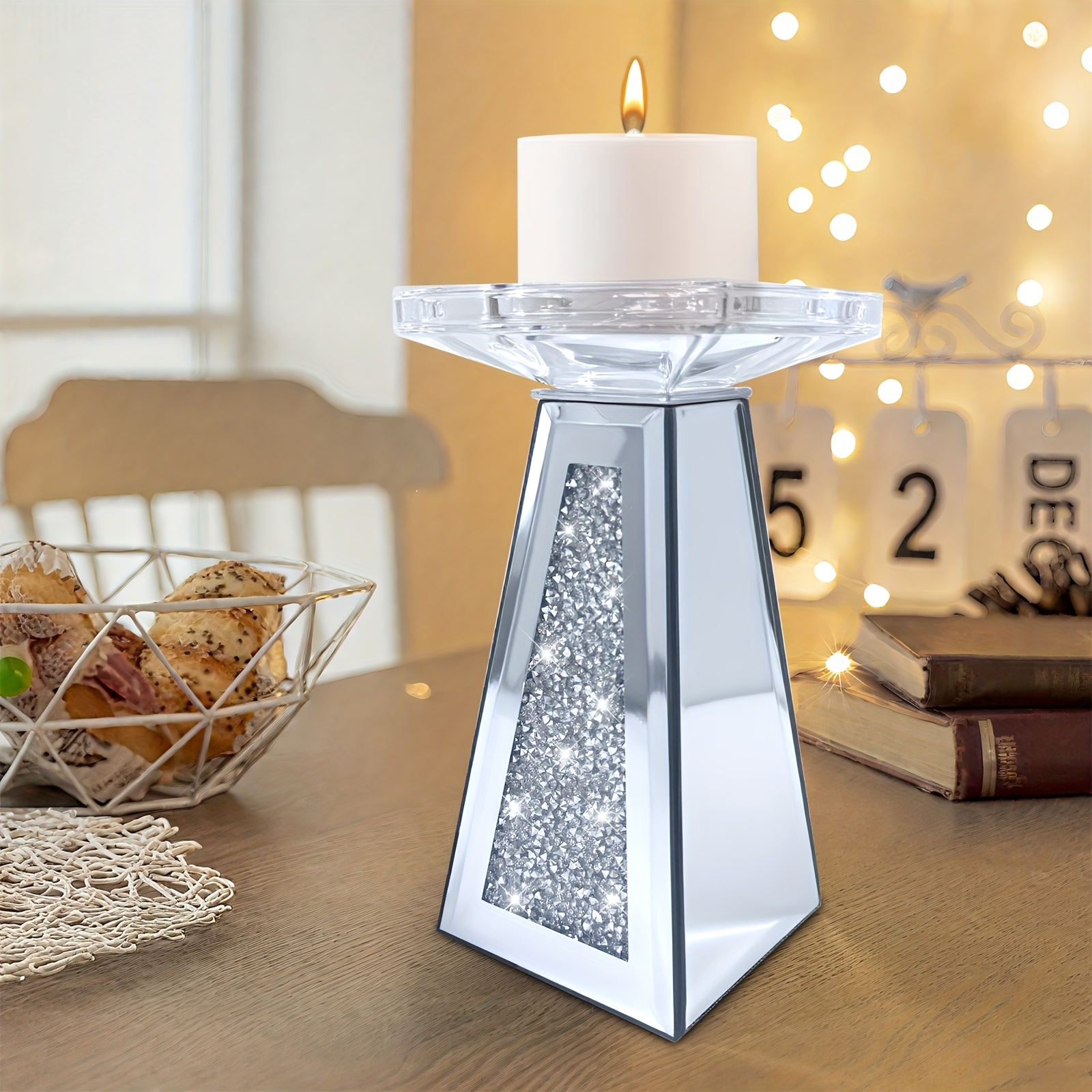 E-shop Kristall-Strass-Kerzenhalterbasis für Esszimmer-Dekoration, silbriger Glas-Wunschkerzenhalter für Tisch-Mittelstück, Heim-Wanddekor für