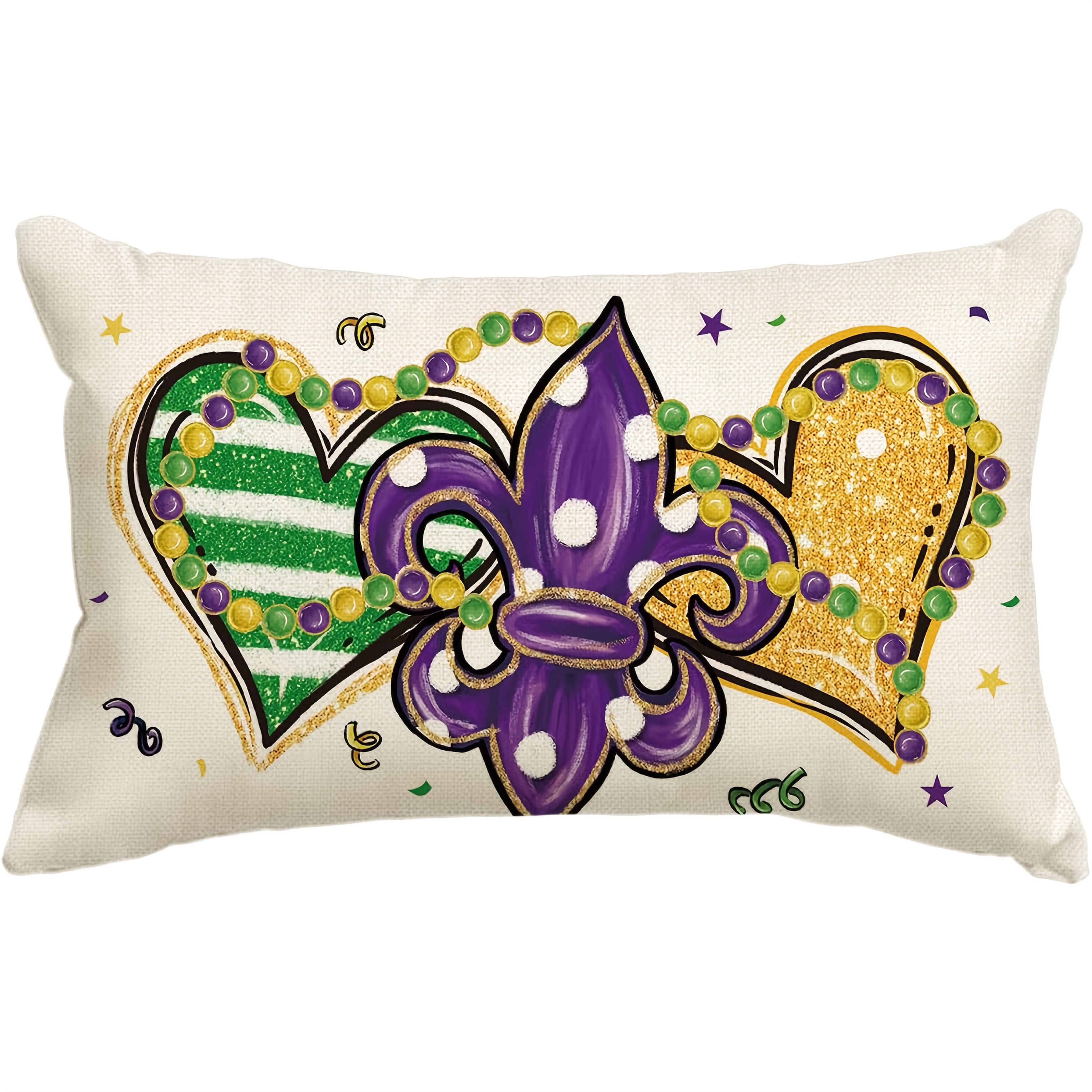 

1pc Mardi Gras Linen Throw Pillow Cover, Contemporary Fleur Heart Bead Design, Machine Washable, Zipper Closure, Woven Decorative For Room Types - Sofa Couch Accent (single Side, No Insert)