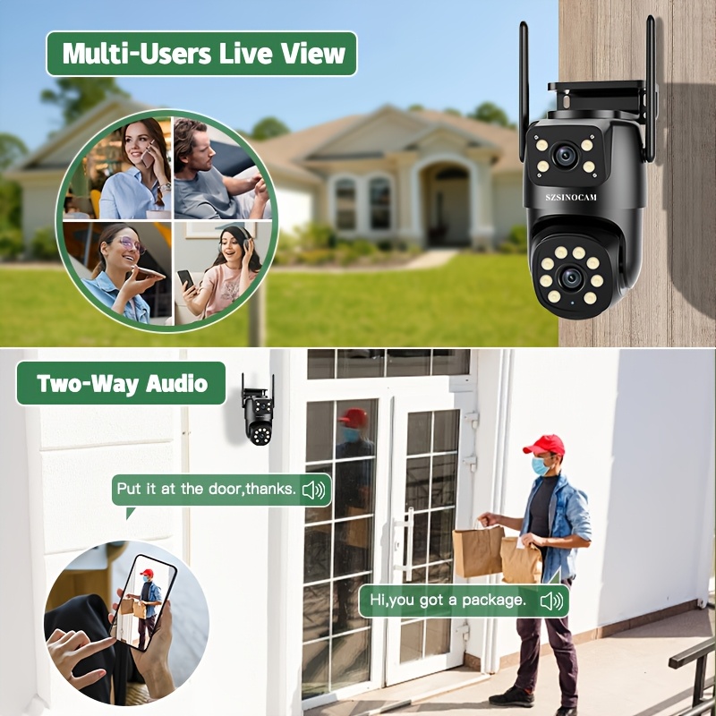 3 piezas SZSINOCAM 4MP 2 Lentes y Pantalla Dual WiFi Seguridad, Resolución Total de 4MP, 2.4GHz (No compatible con 5Ghz), Rastreo Humano AI con Visión Nocturna a Color, Diseño Exterior Alta Calidad para Protección contra la Lluvia, Audio Bidireccional e Informes por Movimiento – Compatible con Alexa, Seguridad para el Hogar Inteligente,Monitoreo Interior,Sistema de Seguridad Compacto,Imágenes de alta resolución,Conectividad Confiable,Inquilinos,