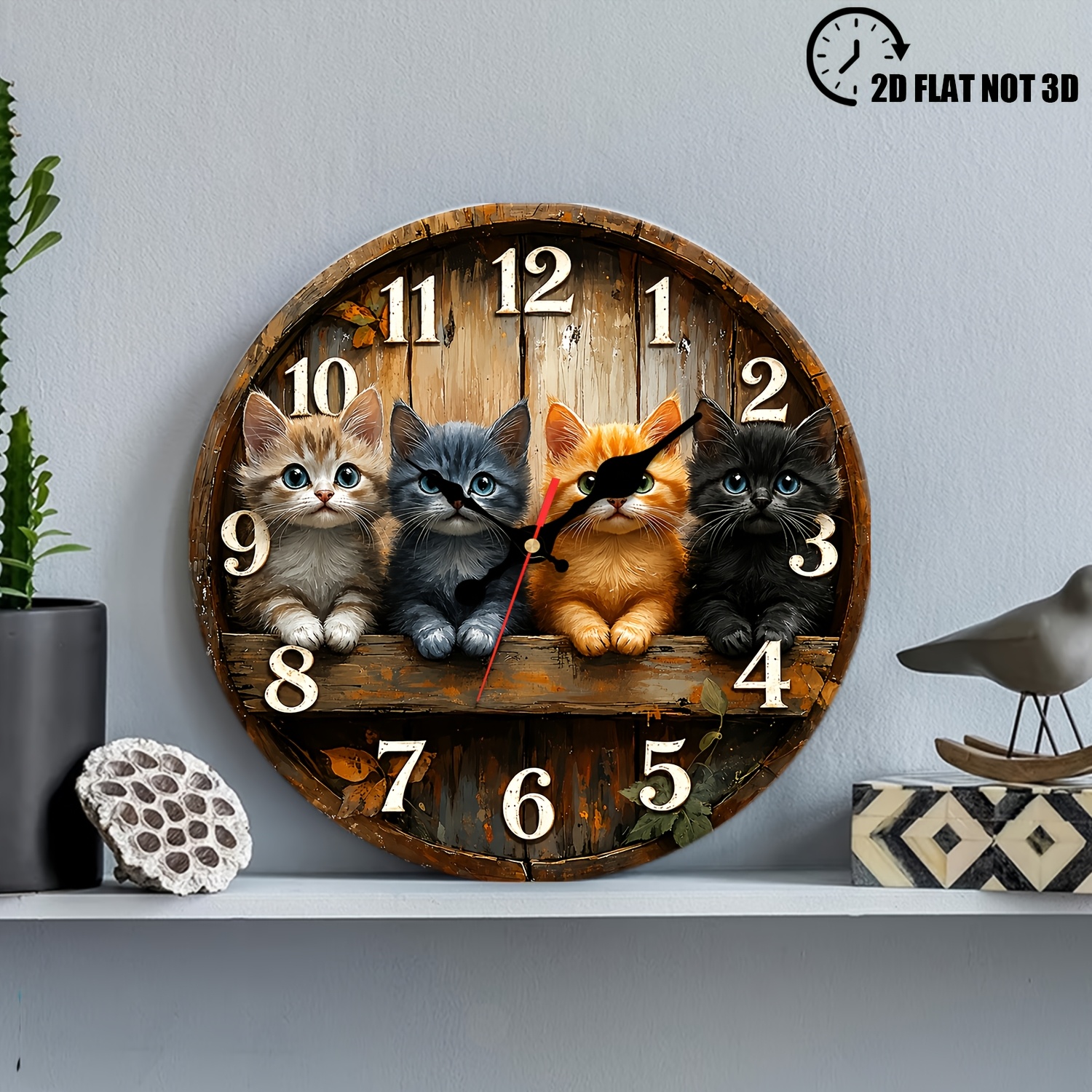 TEMU Cute Kittens On A Clock 2d Flat Wood Silent Non-ticking Wall Clock, Battery Operated Decorative Clock For Bedroom Living Room Kids Room Office,