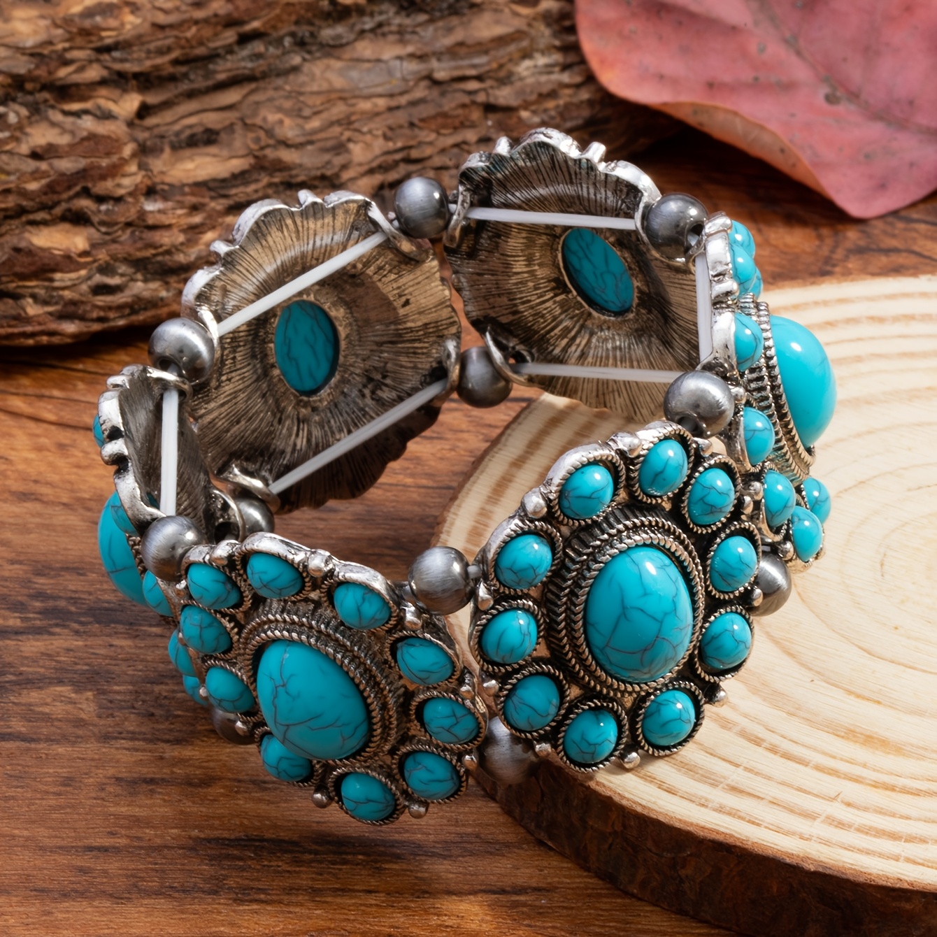 TEMU A New Bohemian Style Vintage Elastic Turquoise Bead Bracelet, Western Jewelry In European And