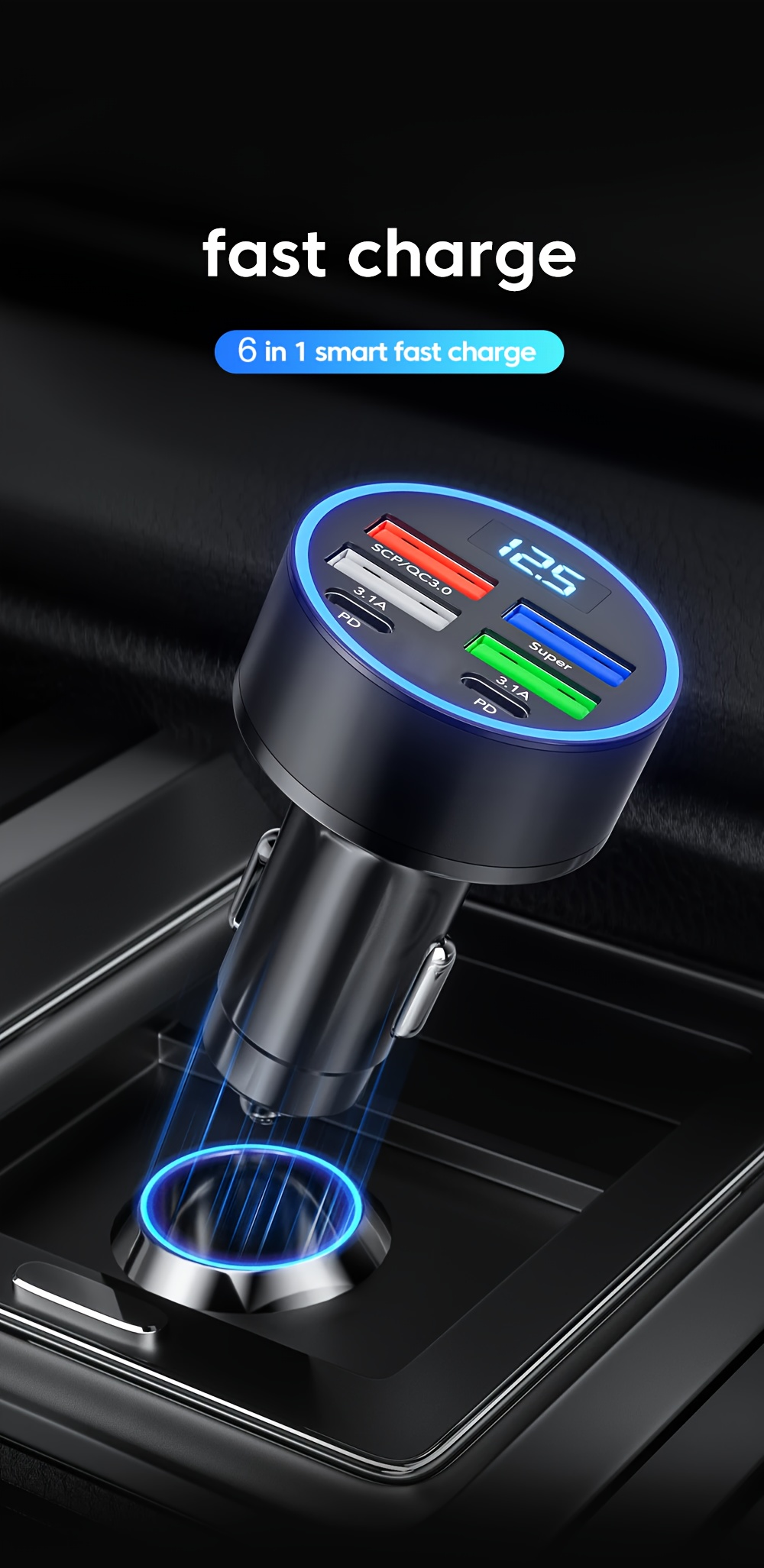 car charger qc3 0 fast charging 6 in 1 multifunctional car conversion plug pd car charger flash charging with digital display details 0