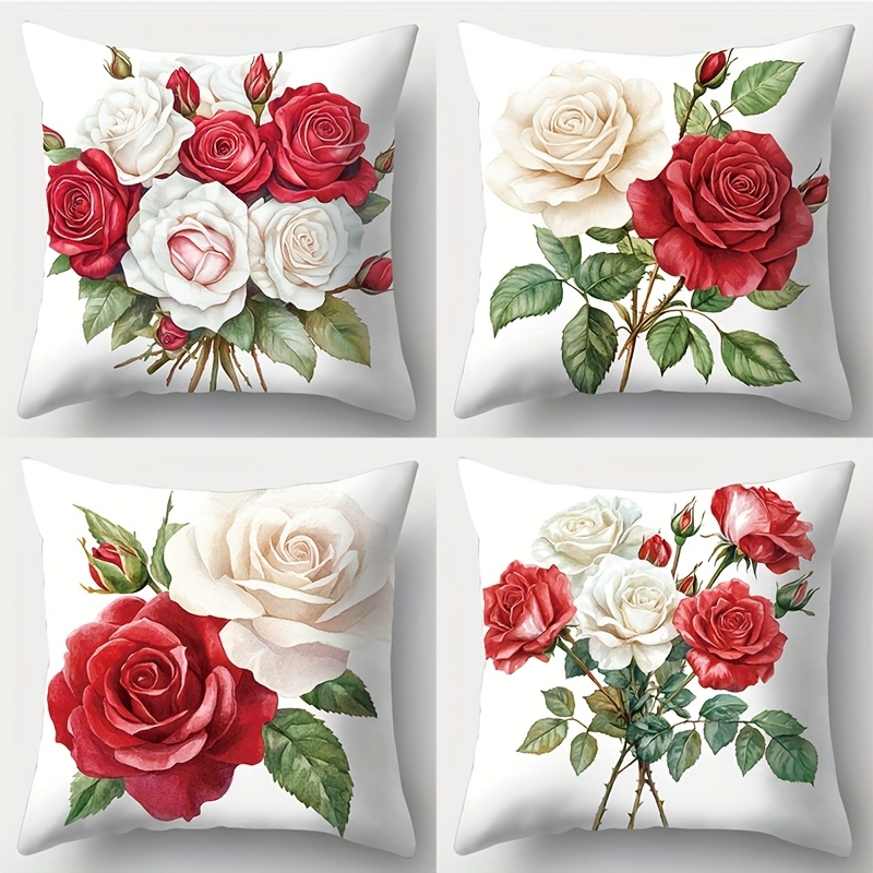 TEMU 4pcs Set, Printed Pillowcase, Red And White Rose Pattern, Red Roses Represent Love, White Roses Purity, This Type Of Pillow Can Add A Romantic