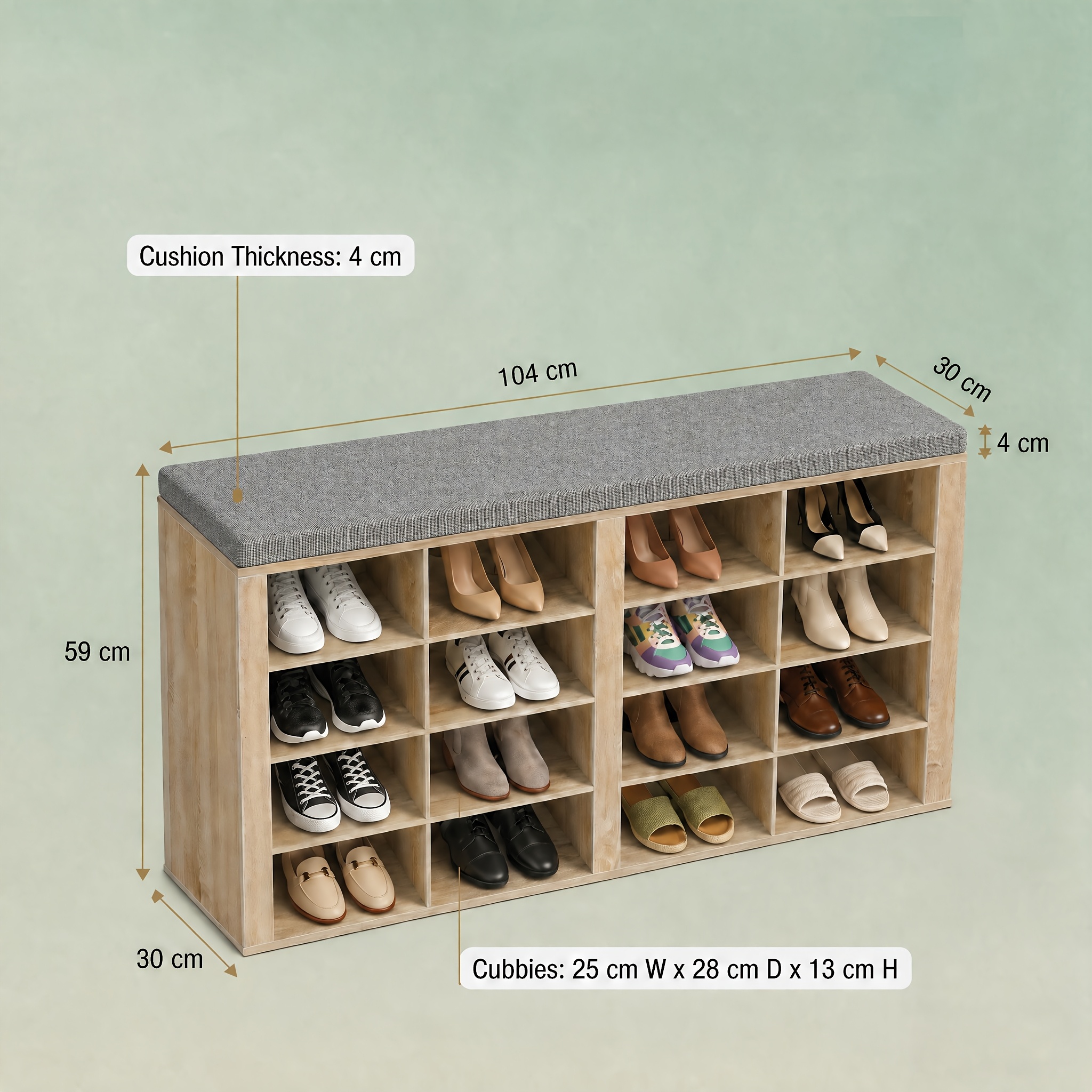TEMU Hexcelen 104cm Wide Bench-style Shoe Cabinet, 59cm Comfortable Seat Height, 16-compartment Extra-large Shoe Storage Capacity, Adjustable Shelves