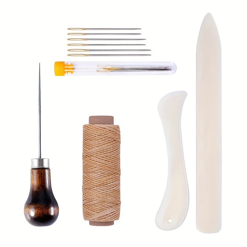 

Diy , Complete Leather Binding Tool Set With Sewing Awl, Bone Creaser, Waxed Thread, Needles & Assorted Needle Bottles