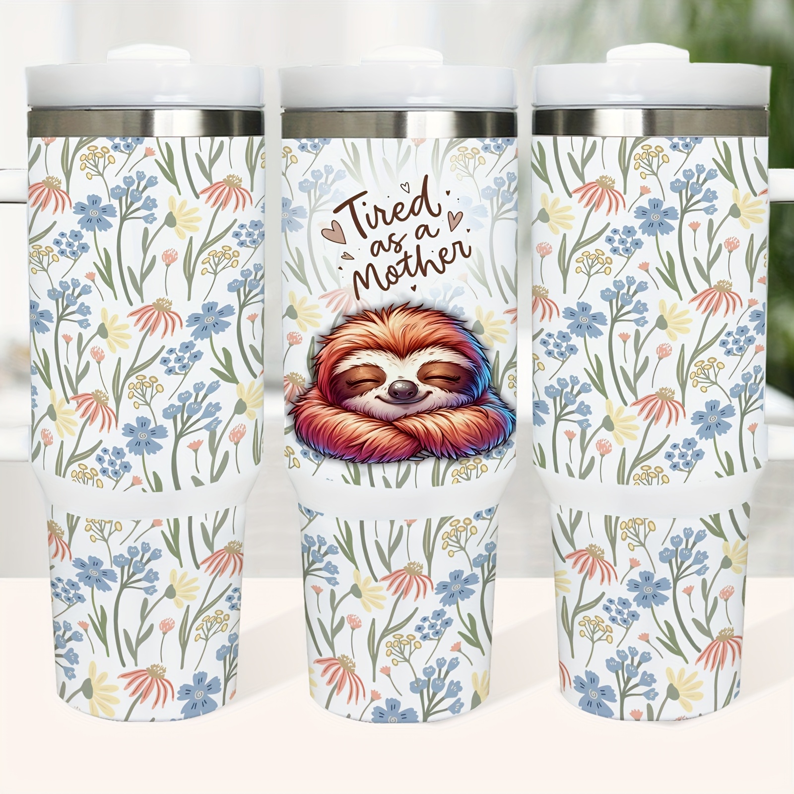 

40oz Stainless Steel With Floral Sloth Design - Drinks Hot For 12 Hours, Cold For | Includes Handle, Lid & Straw | Ideal Gift For Camping, Hiking, Driving & Travel