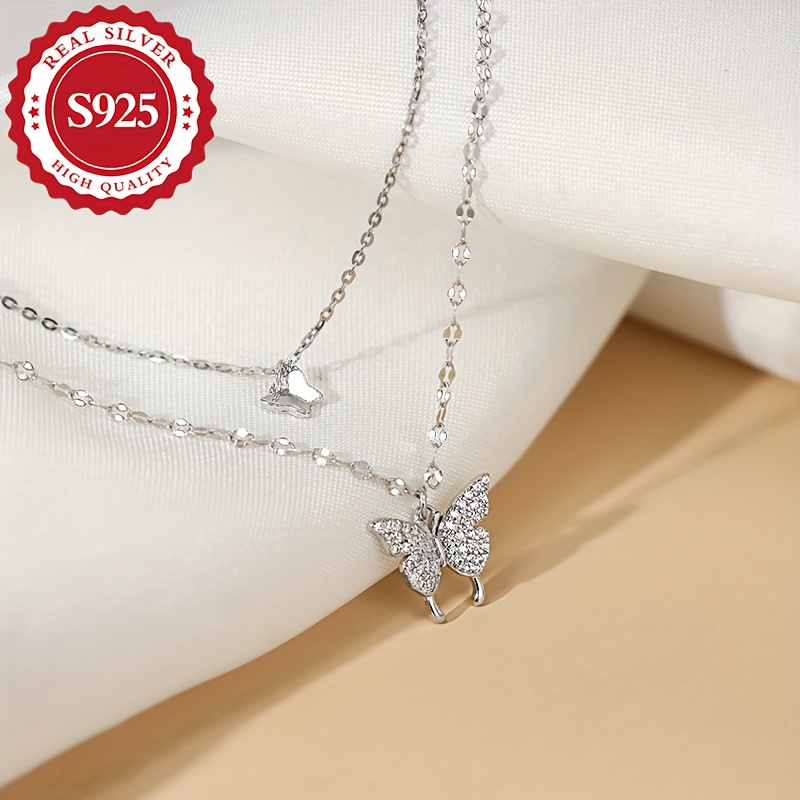 925 Silver Women's Double Layer Butterfly Blingbling Necklace