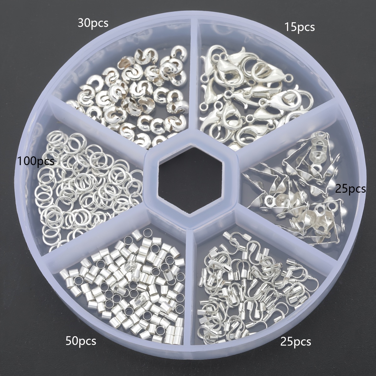 Image of 245pcs/box Silvery Making Kit, Including 15pcs Lobster Clasps, 100pcs Jump Rings, 50pcs Beads, 25pcs Clasps, 25pcs U-shaped Clasps, And 30pcs Crescent Clasps. Suitable For Diy Beading, Keychains