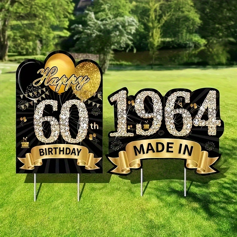 

elegant Unisex" 2-piece Gold 60th Birthday Yard Signs - Unisex, Made In 1964 Celebration Lawn Decor With Stakes For Outdoor Party
