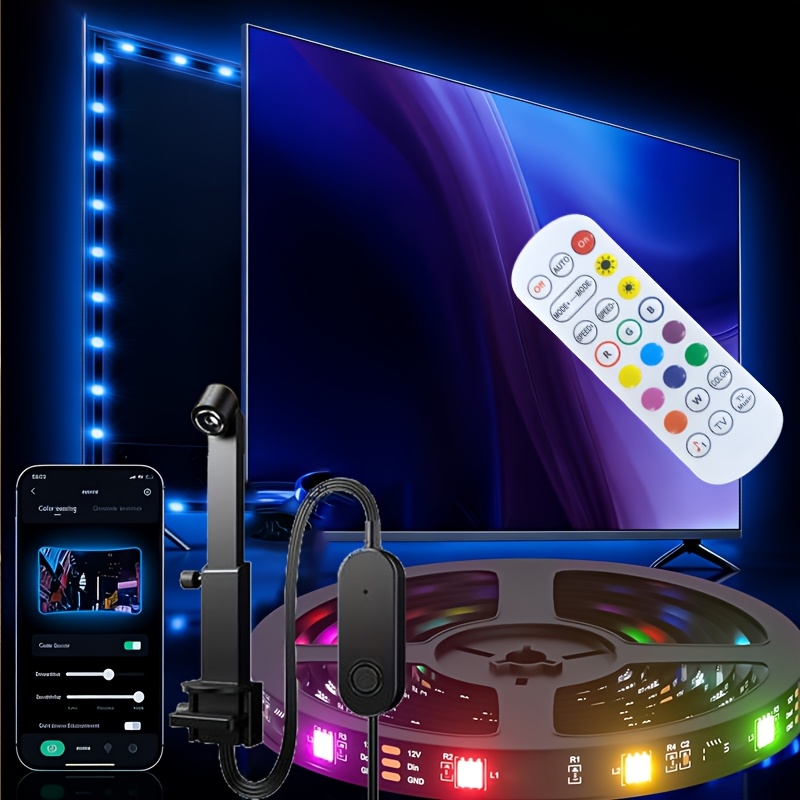 LED светлинна лента с AR сензор за цветно зрение, въжеста светлина, интелигентна LED подсветка за телевизор, подходяща за екрани 76.2-203.2 см, дистанционно и бутонно управление, синхронизация с музика, USB захранване, затъмняване, декорация за всекидневна, спалня, игрална стая