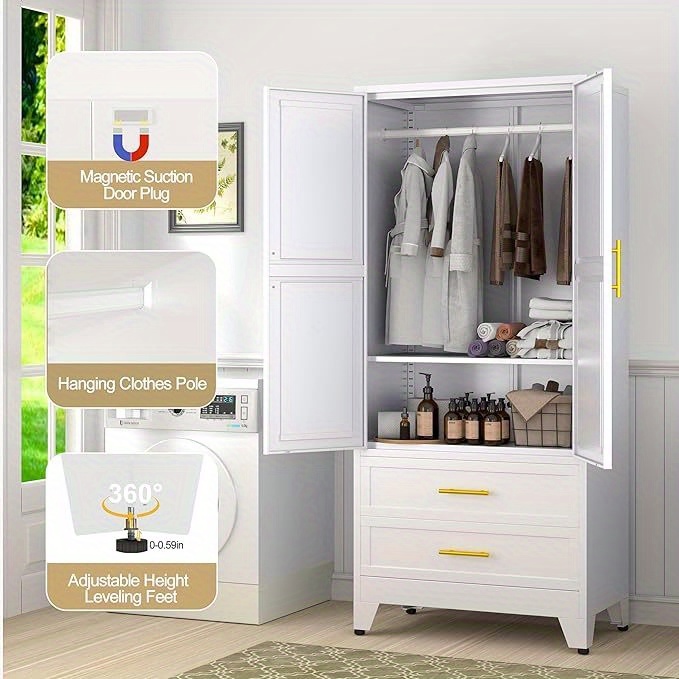71 Inch Metal Clothing Storage Cabinet with 2 Doors, Golden Handle, 2 Adjustable Shelves, And 2 Drawers, Used for Independent Steel Wardrobes In Bedrooms, Gyms, And Cloakrooms