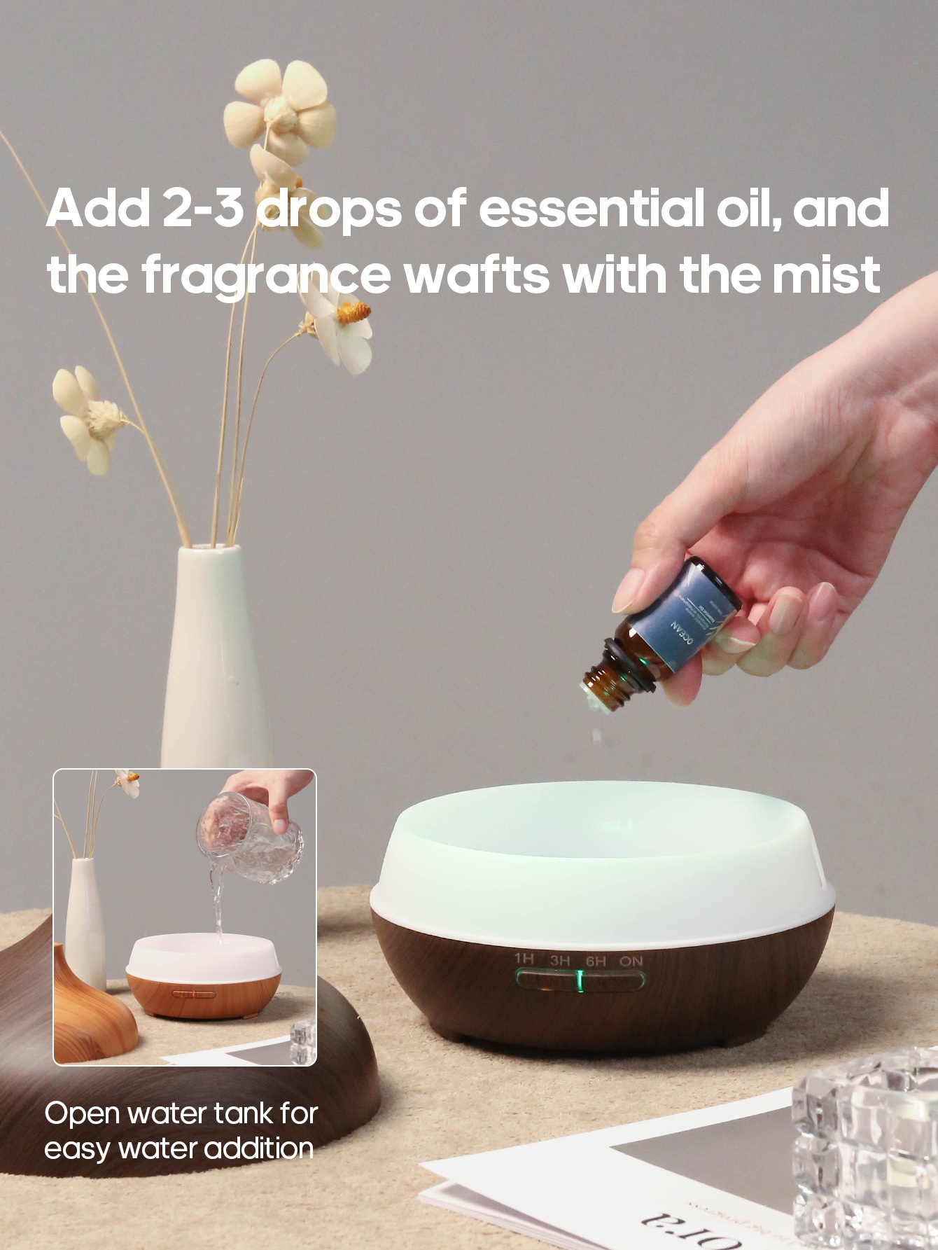 Difuzor de Aromă cu Textură de Lemn 300ml, Alimentat prin USB, 3 Stiluri (Lemn Închis/Deschis, Marmură), Lumini de Atmosferă cu 7 Culori și Timer, Operare Simplă cu Butoane Fără Telecomandă, Tehnologie Soundwave Silențioasă, Oprire Automată la Uscare, Umidificator de Uleiuri Esențiale pentru