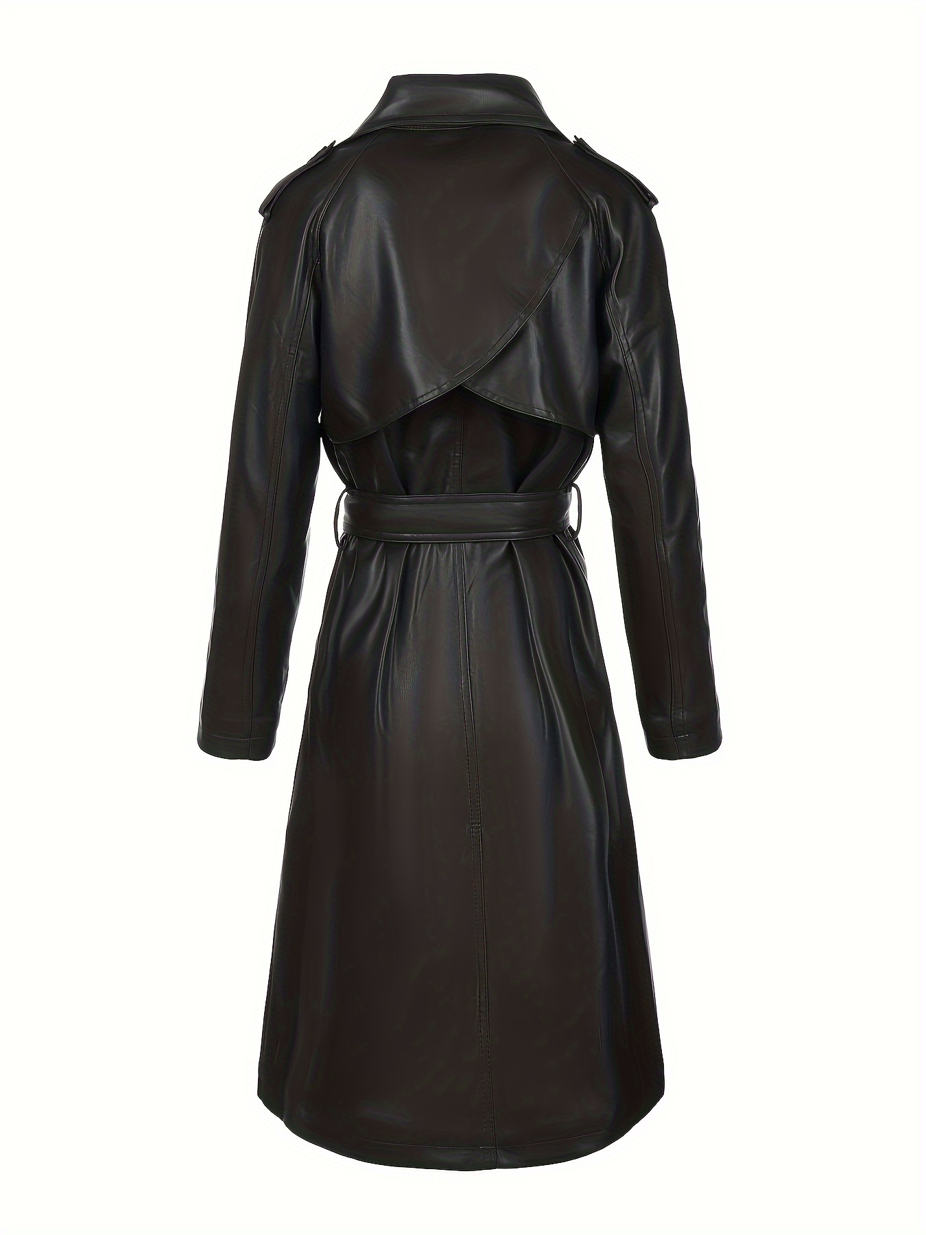 Elegante lange PU-lederen trenchcoat met strik taille, reverskraag, lange mouwen - polyurethaan  ,    , lichte stretch,   geript, gevoerd, winteroutfit voor vrouwen details 5