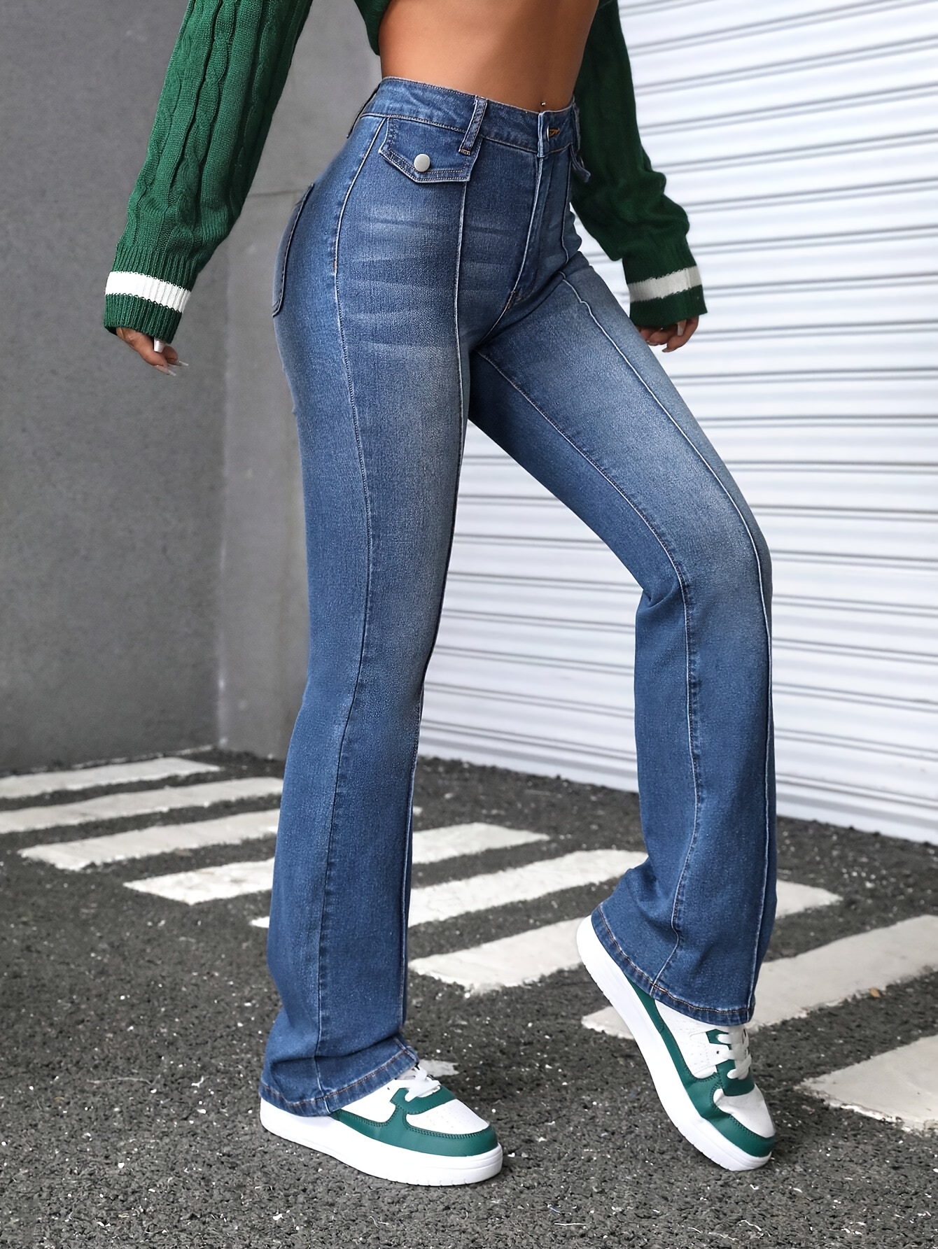 Back view of the flare jeans showing the ombre pattern