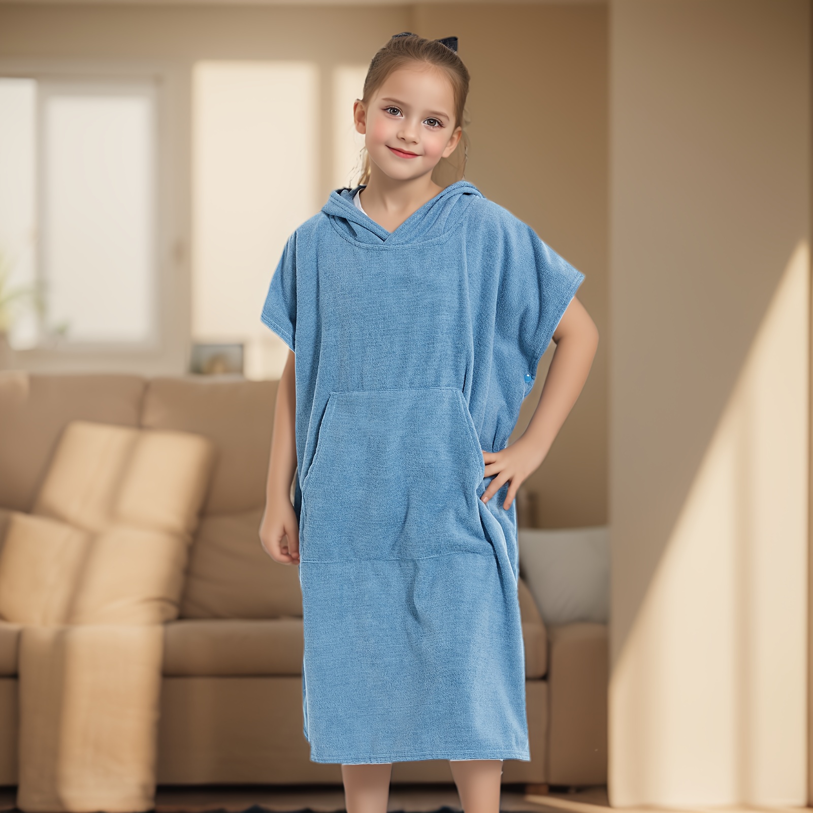Image of 1pc Absorbent Hooded Changing Towel Robe, Beach Towel Robe With Big Front Pocket, Loose Bath Cover-up For Shower, Swimming, Beach & Indoor Home Use