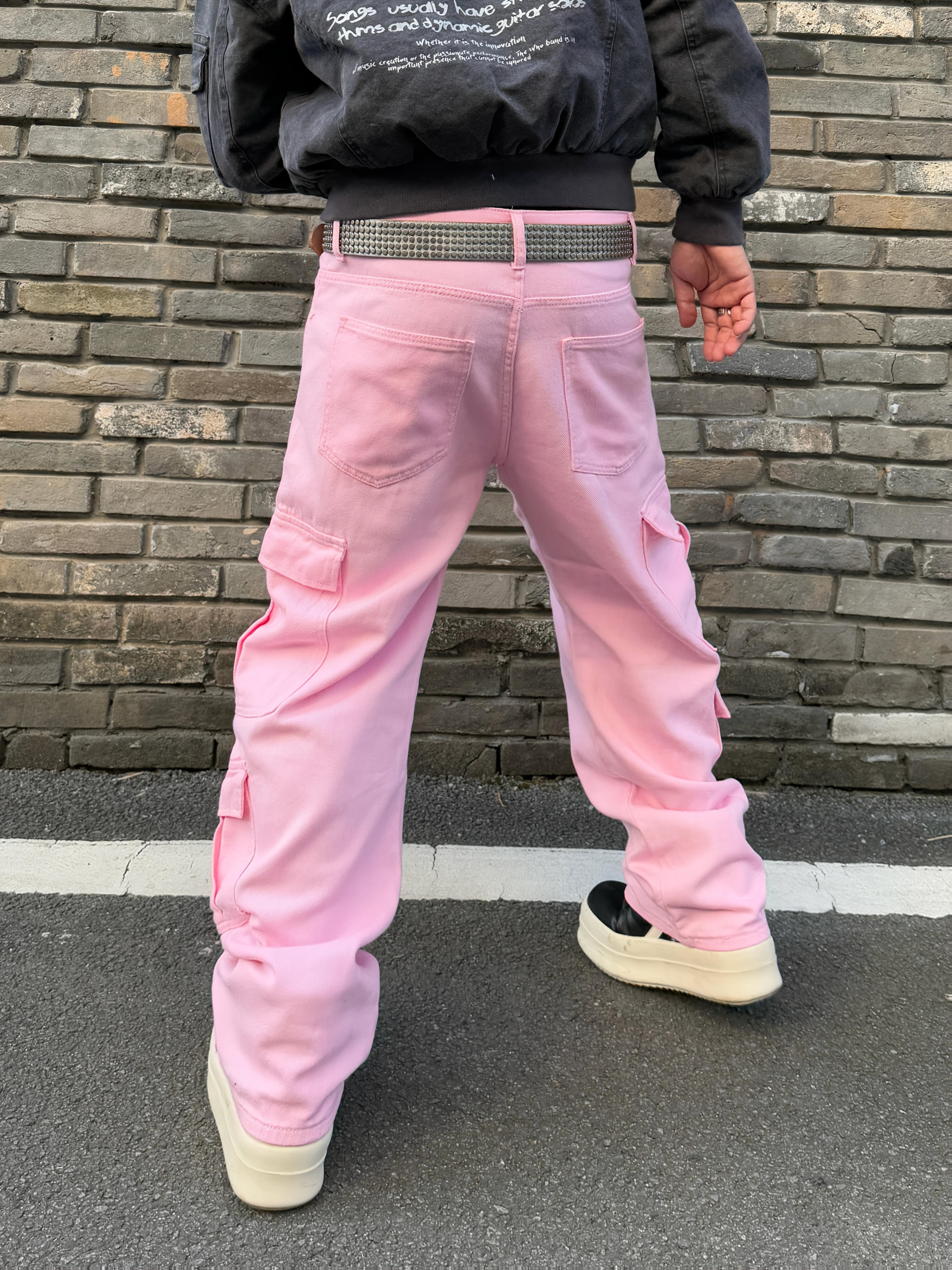 men's trendy pink loose fit cargo jeans multiple pockets Temu Kuwait - Main Image