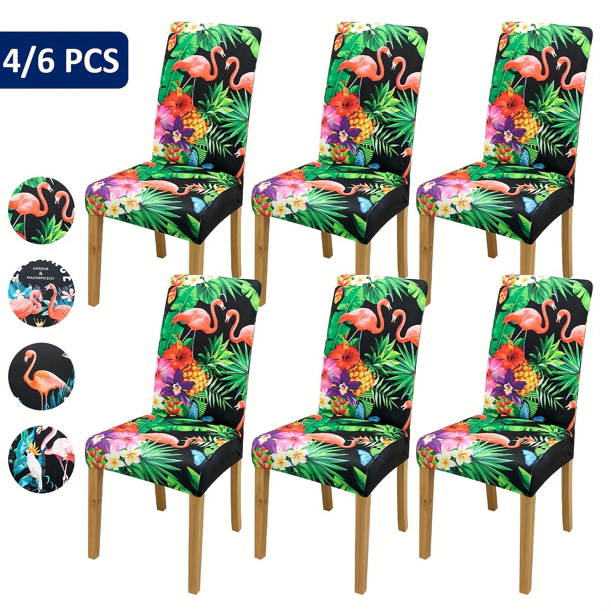

4/6pcs Flamingo & Pineapple Tropical Leaves Parrot Print Dining Chair Covers, Elastic Stretch Furniture Protector, Home Decor For Dining Room, Living Room & Kitchen, Festive Atmosphere, Classic Style