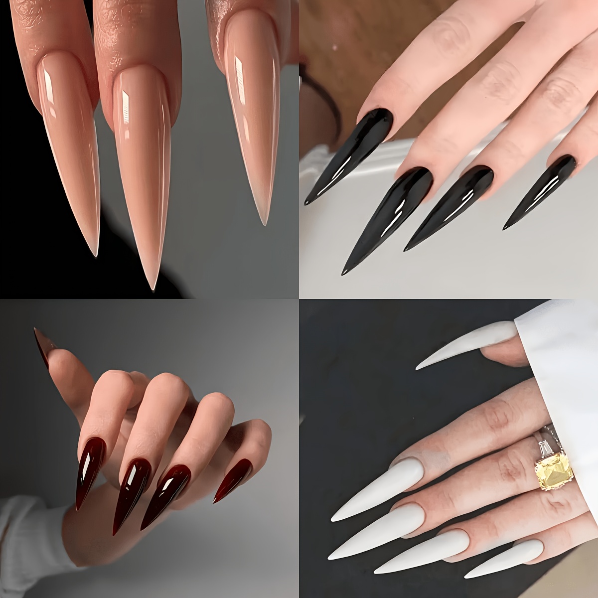 TEMU 96pcs Ultra-long Pointed Shape Solid Color Wearable Pre-made Nails, Glossy Nude Black Wine Red White 4 Styles Mixed Long Pointed False Nails For