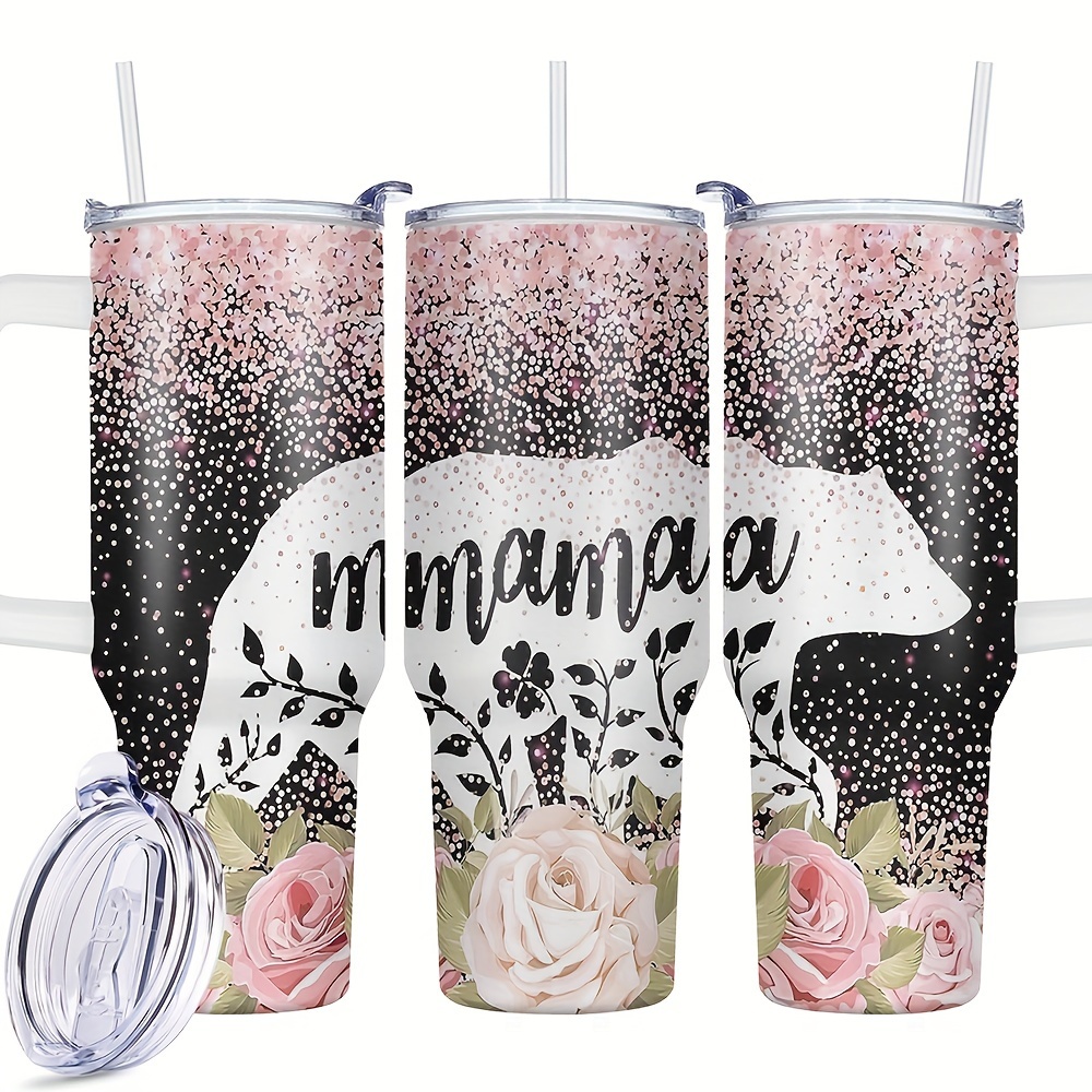

1pc, 40 Oz Stainless Steel Tumbler, Flower Mama Bear Print Double Wall Vacuum Insulated Travel Mug, Perfect Gift For Family And Friends Birthday Christmas Gifts For Women Mom Sisters Teacher Coworker