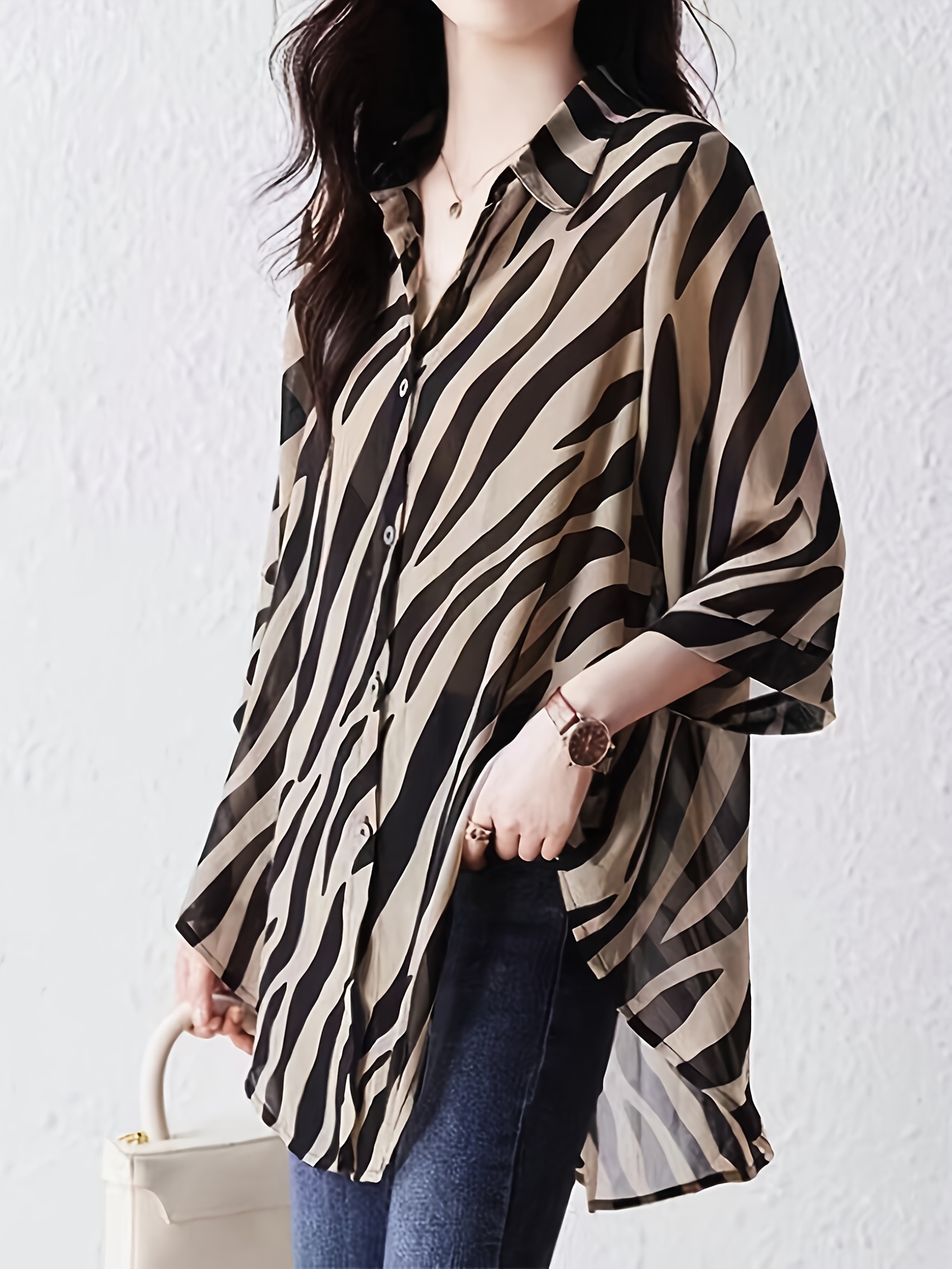 womens elegant fashion striped batwing sleeve blouse polyester button up long sleeve   top with pockets casual attire striped pattern polyester fabric