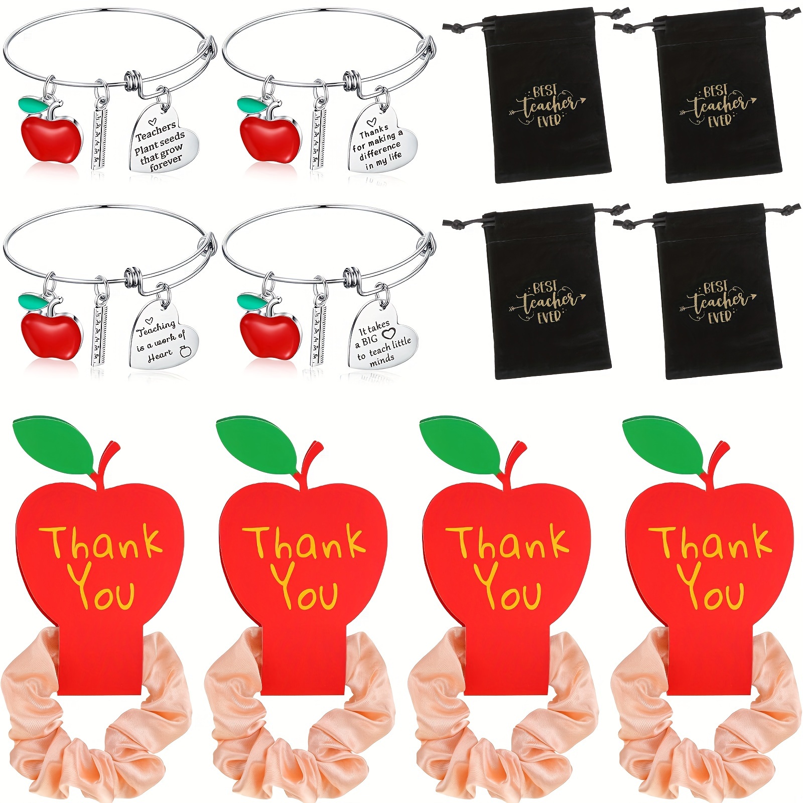 

8 Pcs Teacher Appreciation Gift Set 4 Teacher Bracelets With Gift Bags And 4 Pcs Satin Scrunchies With Thank You Cards For Women, Graduation End Of Year Gifts For Teacher