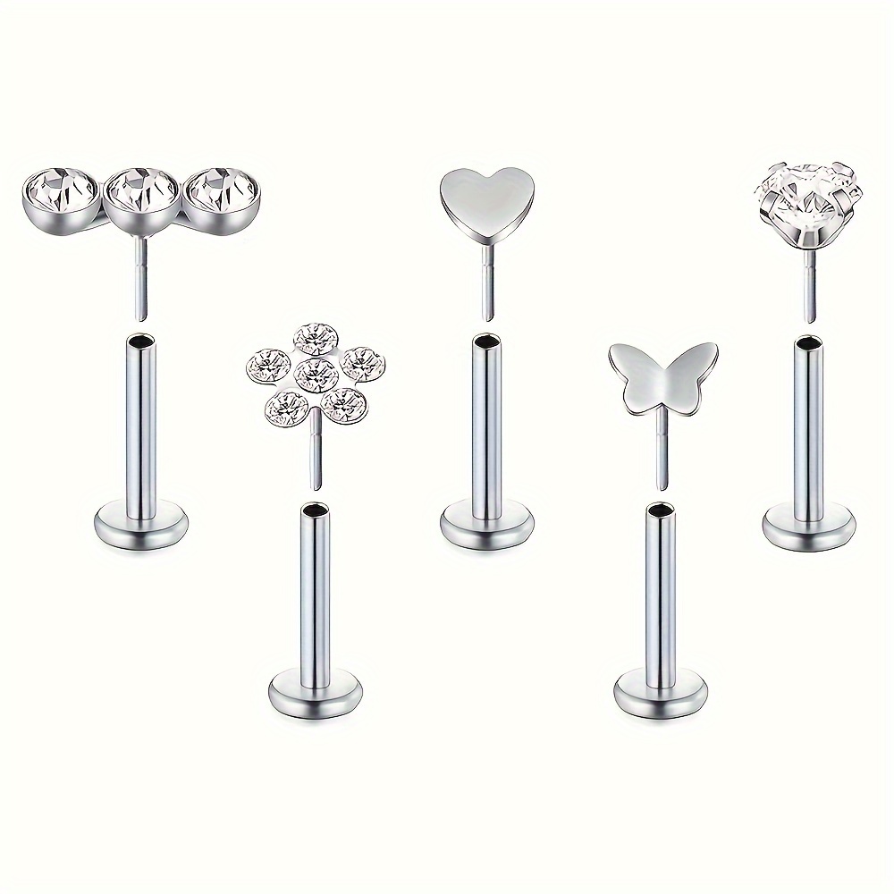 E-shop 5 Stück Push-in Nasenstift Lippenstift Ohrring Schmetterling Herz Blume Blütenblatt Triple Flat Back Ohrring Edelstahl Nase Lippe Knorpel Tragus