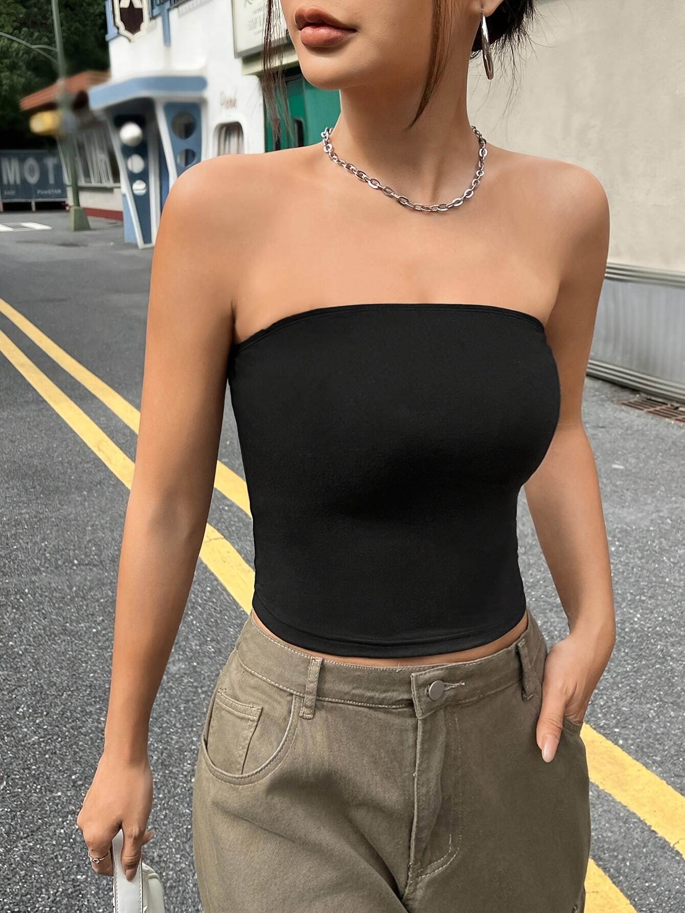 Women's Summer Casual Strapless Solid Color Crop Top