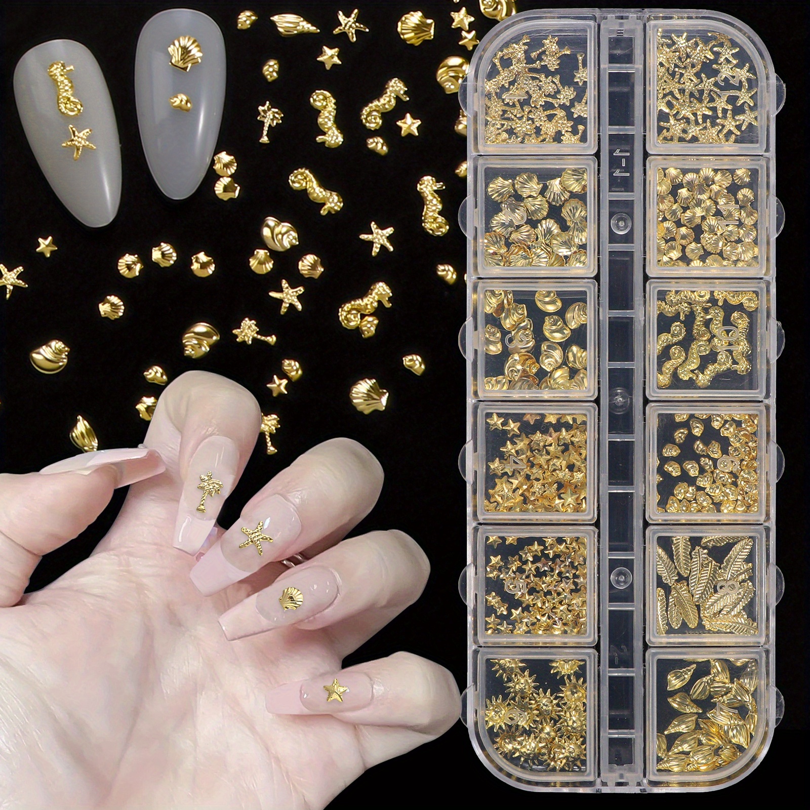 Image of 12 Grids Nail Charms - 3d Starfish & Golden Rhinestones Ocean Theme Designs - Hypoallergenic Nail Art Supplies For Women, Manicure Accessories, Nail Charms And Accessories, Beauty Enthusiasts