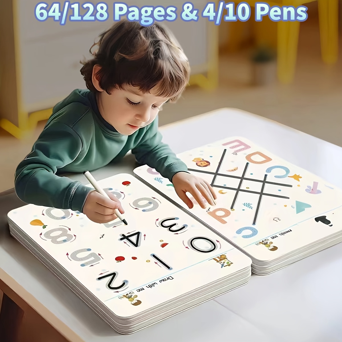 Reusable Magic Copybook Set with Refillable Ink, 128-Page Handwriting Practice Workbook for Kids, Pen Control and Letter Writing, Color-Code