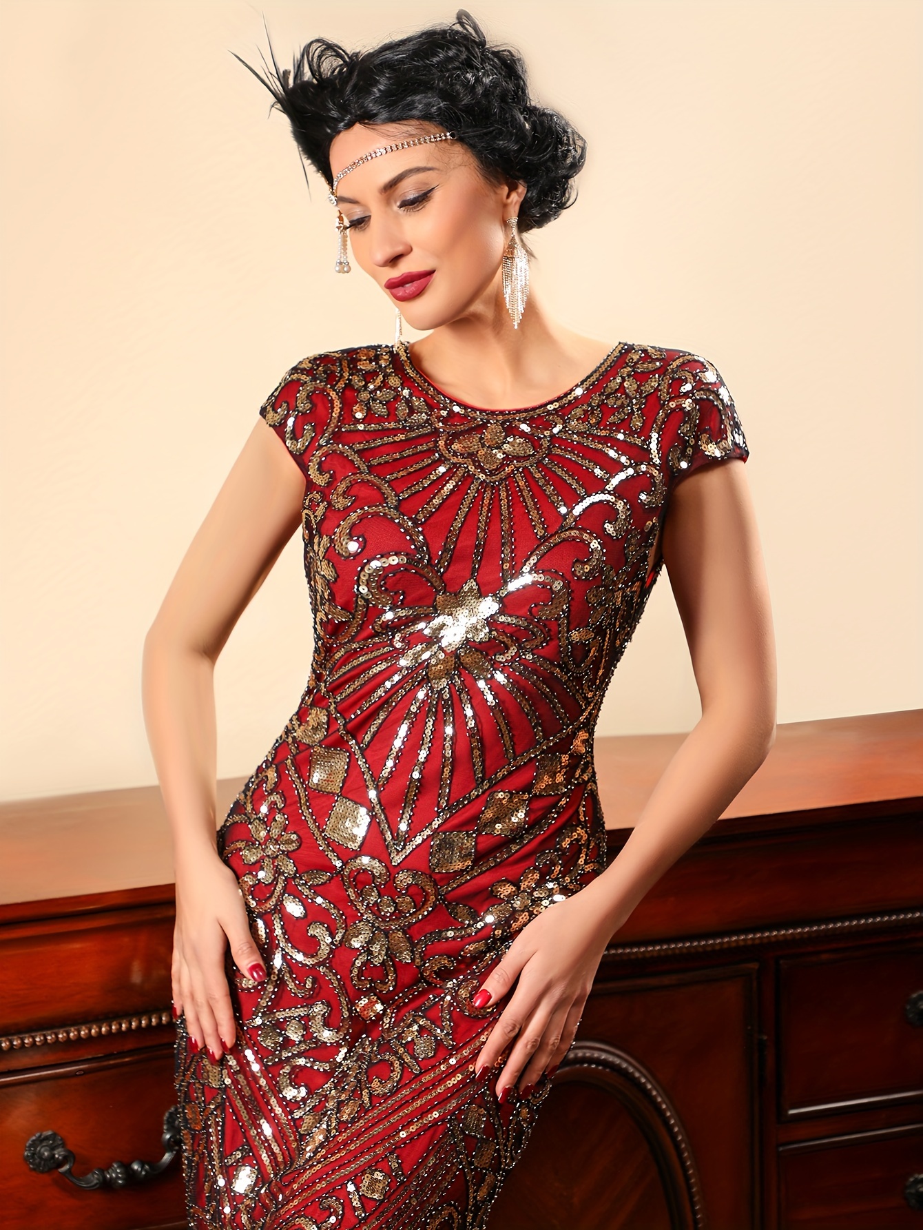 elegant 1920s vintage inspired geometric pattern sequin midi
