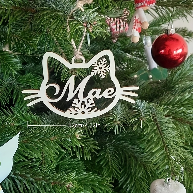 Image of 1pc Personalized Wooden Christmas Ornament With Name, Cat Snowflake Design, Christmas Baubles, Festive Tree Pendant, Holiday Party Decor, Wood Hanging Decoration, Thanksgiving