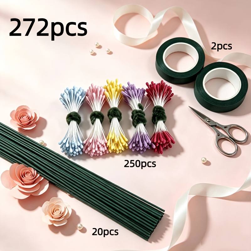 TEMU 272pcs Handmade Diy Accessory Tool Set, Including 250 Pistils, 20 Artificial Flower Stems, 2 Rolls Of Dark Green Floral Tape, Flower Arrangement