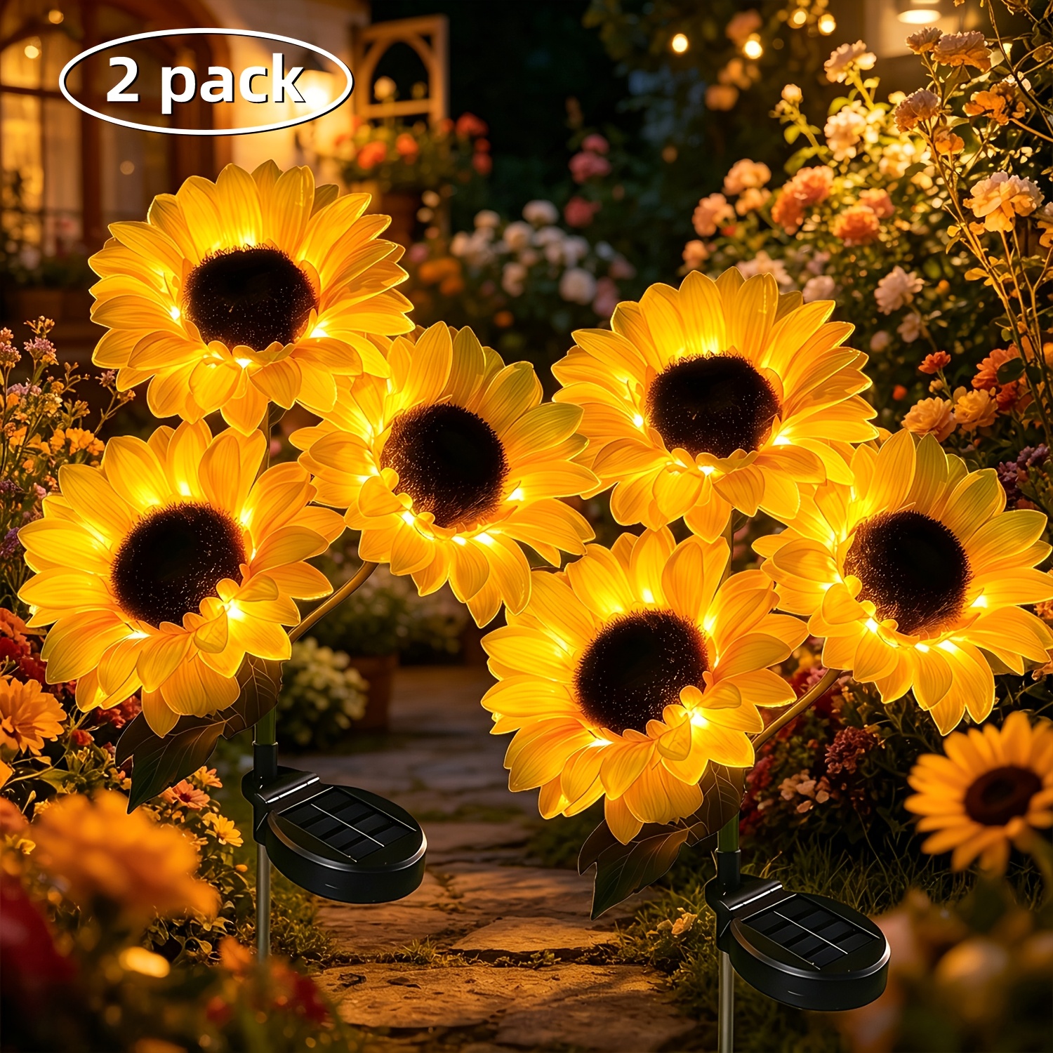 TEMU Lot de 2 lampes de cour LED solaires de , décorées de fleurs jaune vif et en matériau ABS durable, convient pour du Travail, des Mères,