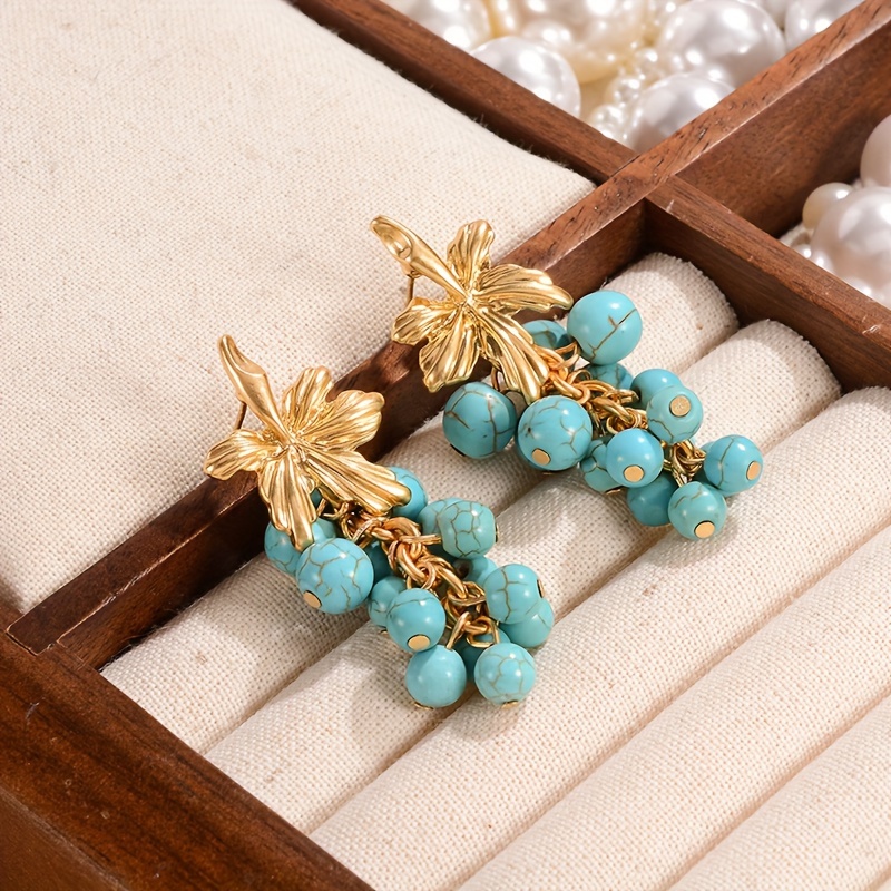 

Plated Vintage Boho Style Turquoise Cluster Drop Dangle Earrings For Women, Fashion Alloy Grape Bunch Tassel Earrings With Silver Ear Needle, Elegant For Daily And Party Occasions