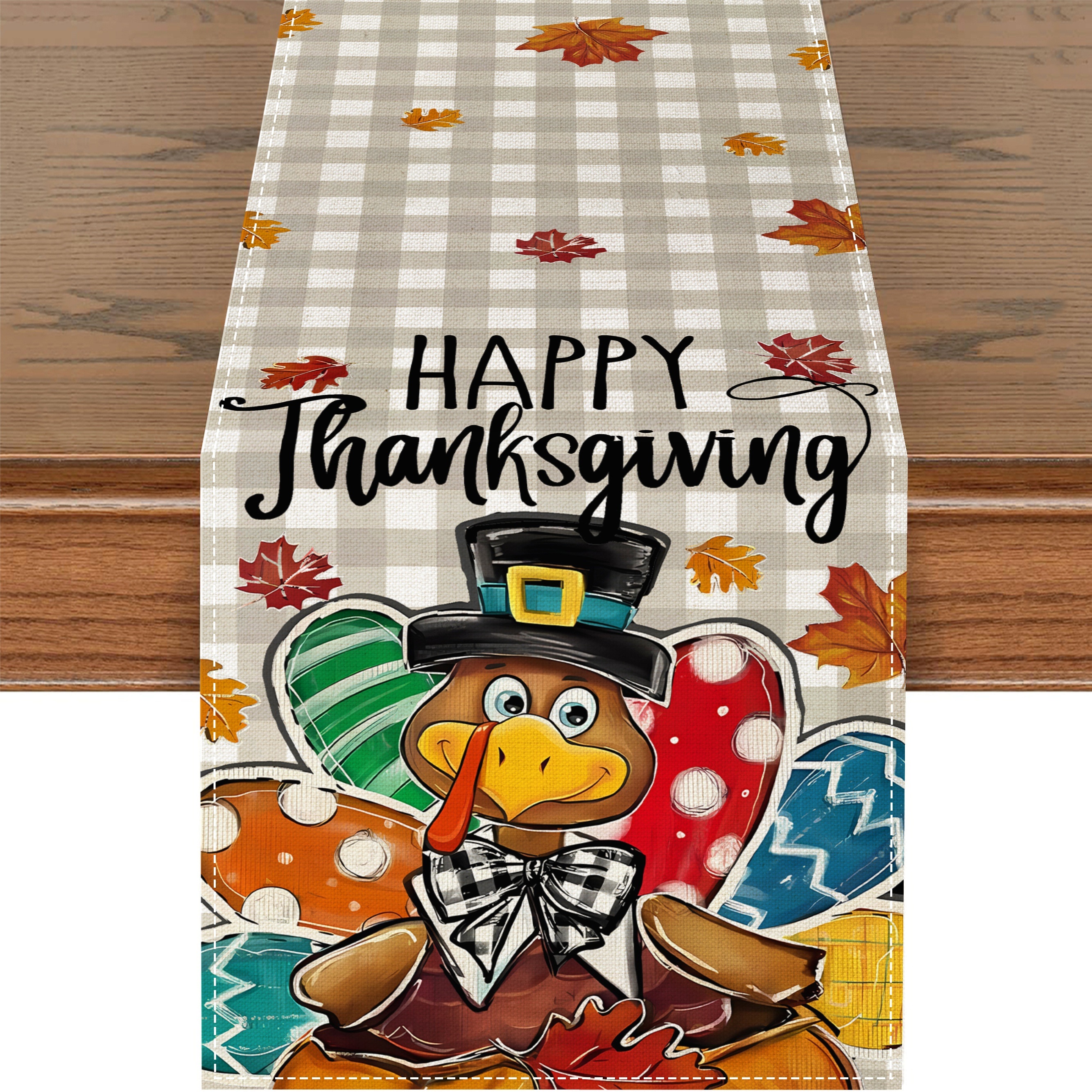 

1pc Thanksgiving Linen Table Runner, 100% Woven Linen, Square, Happy Thanksgiving , Check, For Fall Autumn Dining & Home Party Decor, Thanksgiving Decorations