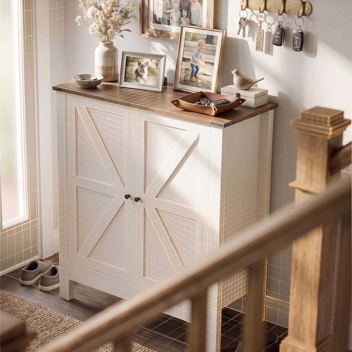 Image of Msutree Rustic Shoe Cabinet Console With Wooden Top And Doors - Narrow Hallway Cabinet For Entrance Area, Living Room Or Staircase - Country Style Storage Cabinet With Storage Space