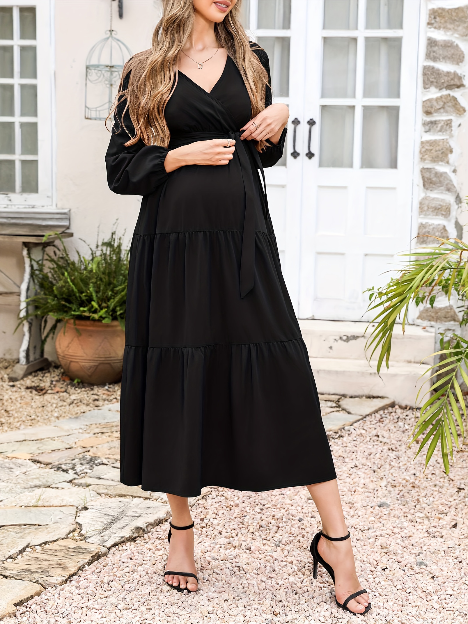black dress flutter sleeve Black Ribbed Knit Bow Back Maternity Maxi Dress  PinkBlush