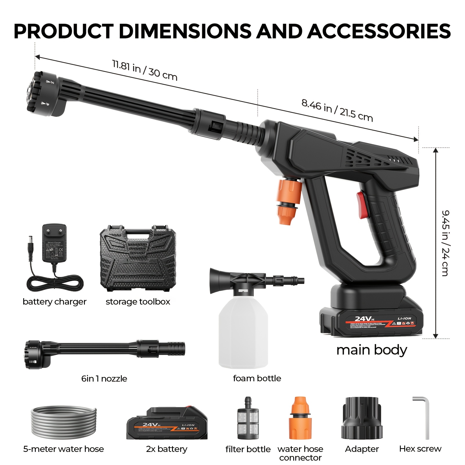 TEMU Cordless Car Washer With 2 Rechargeable Batteries, Pressure Cleaner With 6-in-1 Nozzle Set, 5m/16.4ft Hose, Mobile Pressure Washer For Car Wash,