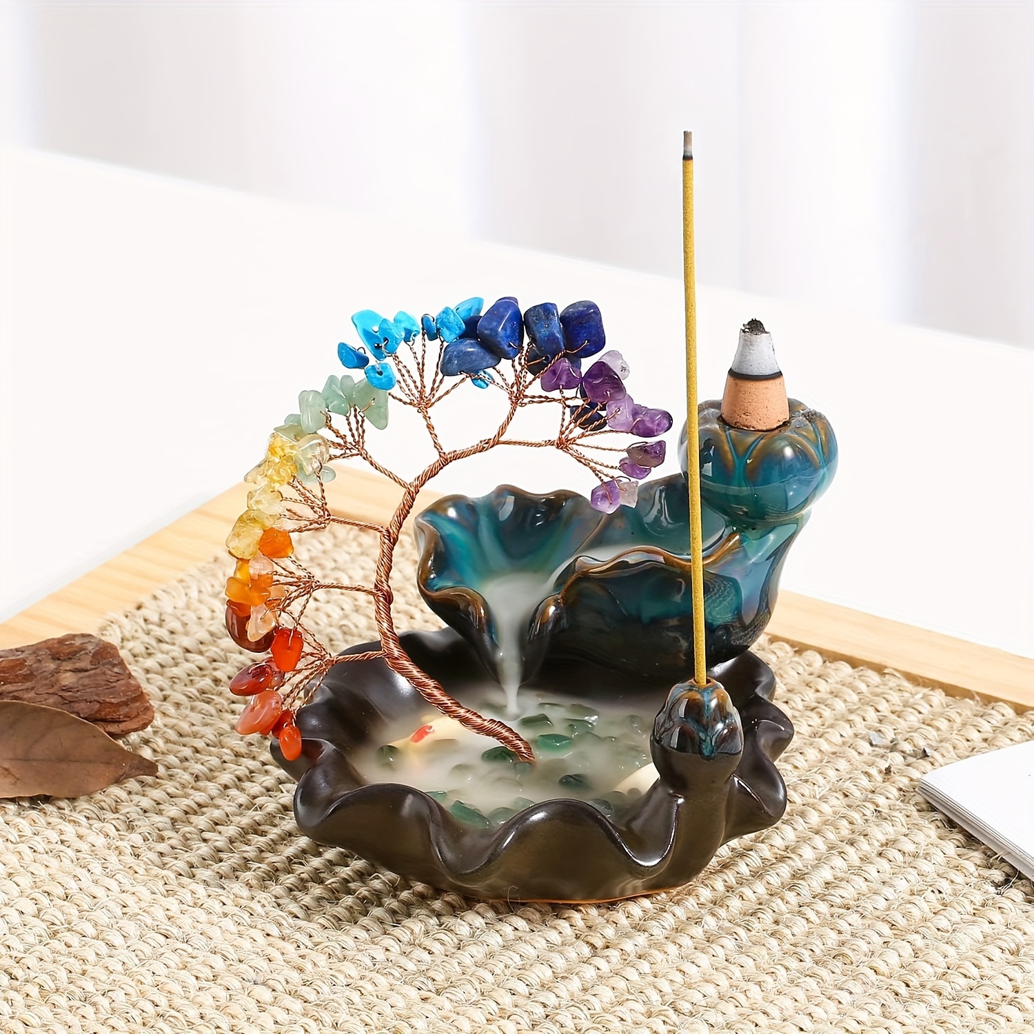 Reversal Ceramic Incense Holder 7pcs Quartz Shaking Crystal Tree Incense Holder Ceramic Quartz Ornament Incense Holder Suitable For Yoga Meditation And Home Decoration