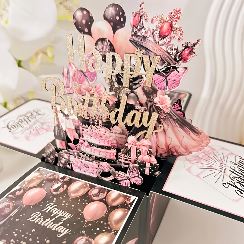 E-shop Happy Birthday 3D Pop-Up Box Karte – Elegante rosa und schwarze Grußkarte für Frauen, Freunde und Familie