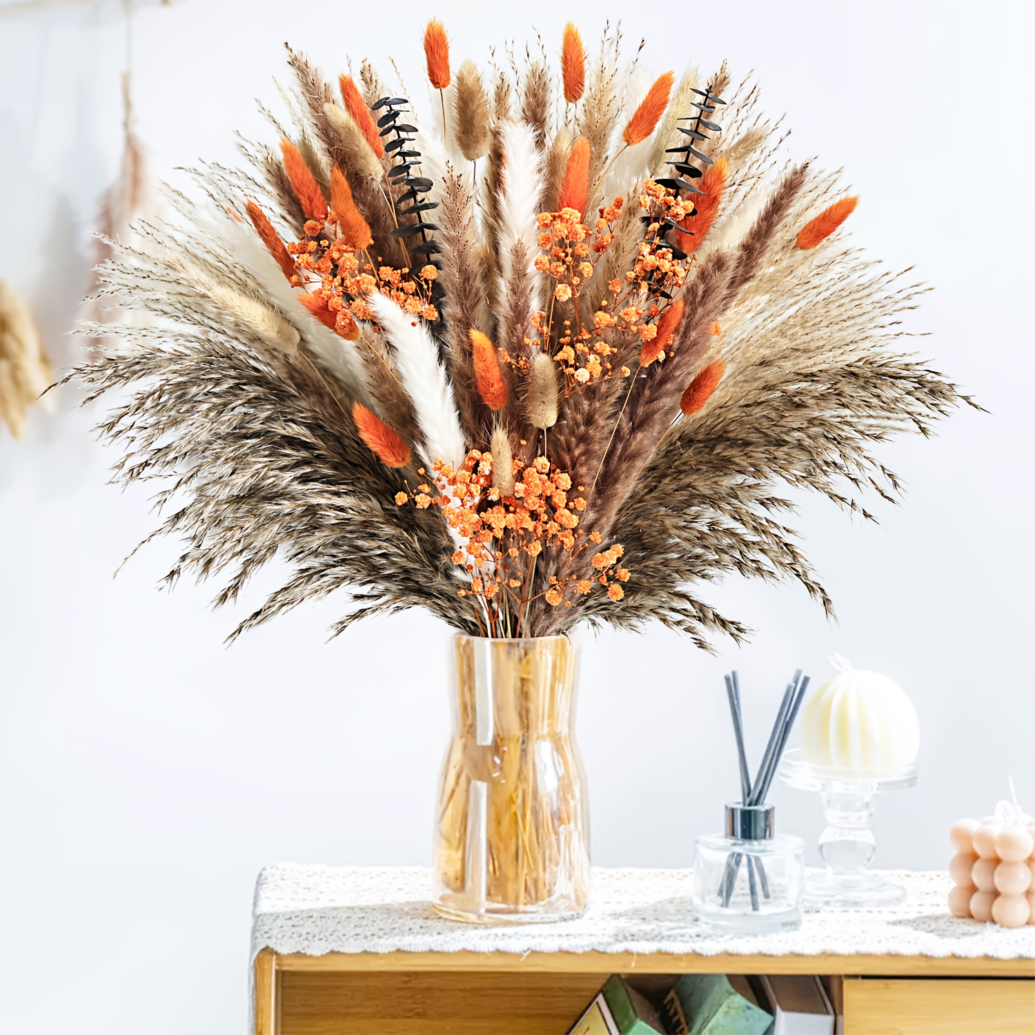 TEMU 120pcs Dried Pampas Grass Decor - Fluffy White & Brown Boho Wedding, Rustic Farmhouse, Table Centerpieces - Long-lasting Floral Arrangements For