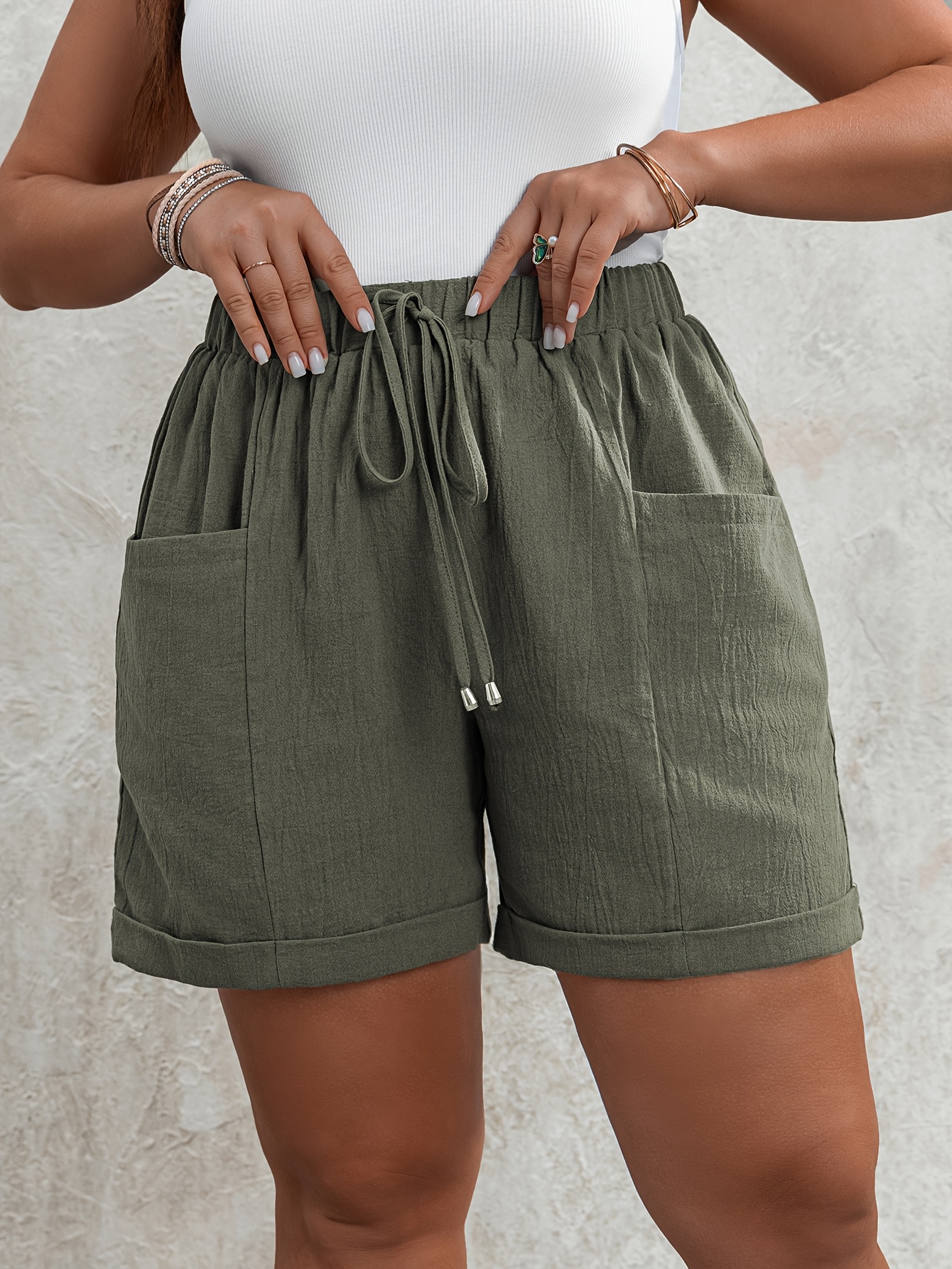 womens plus size olive green casual shorts with drawstring waist side pockets button detail lightweight rayon fabric for spring     green 0